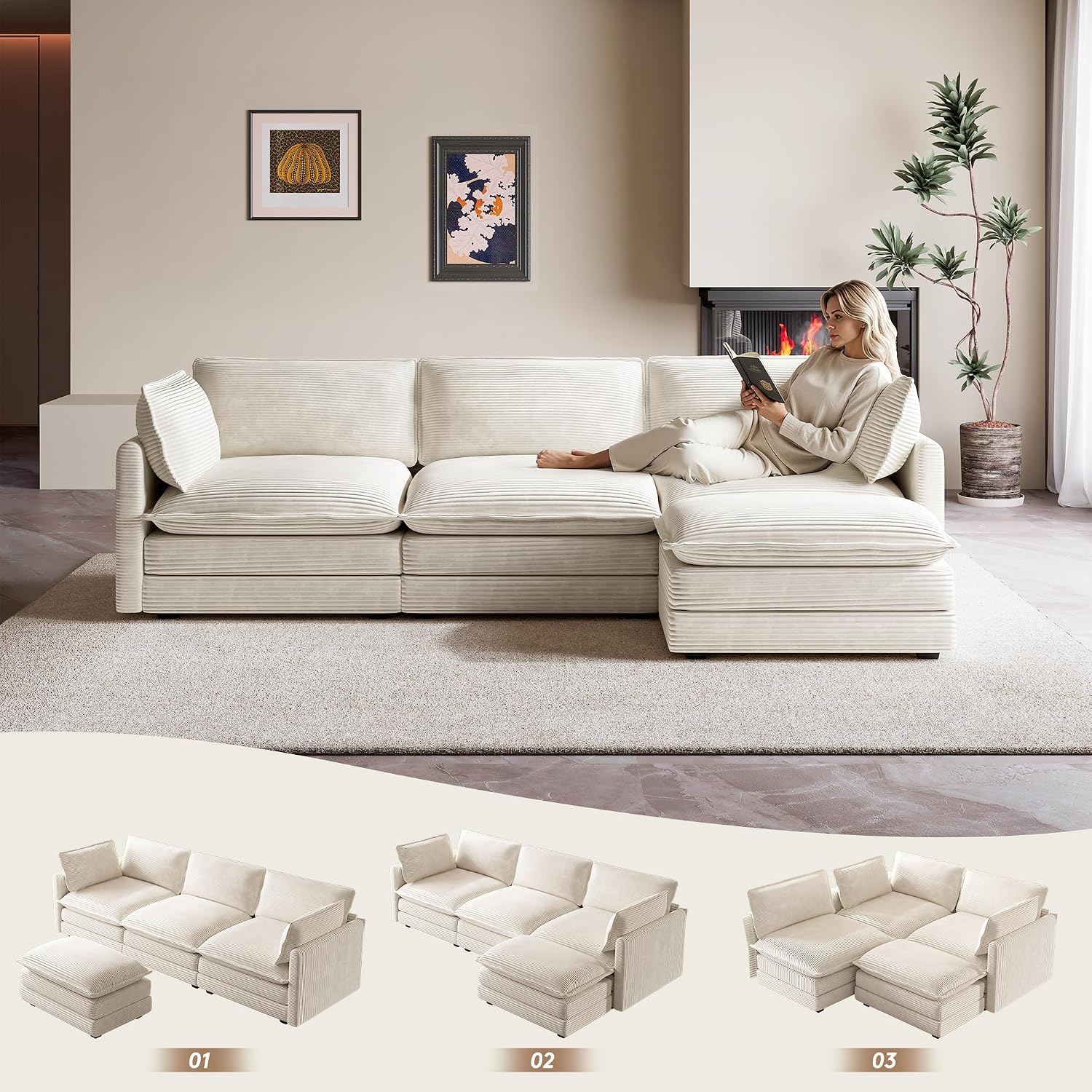 GRUSIGN 104' Modern Modular Sectional Sofa for Living Room, 4-Seat Deep Seat Couch with Movable Ottoman, L-Shaped Corduroy Sofa in Beige for Living Room, Cloud Couch Sectional Set for Bedroom