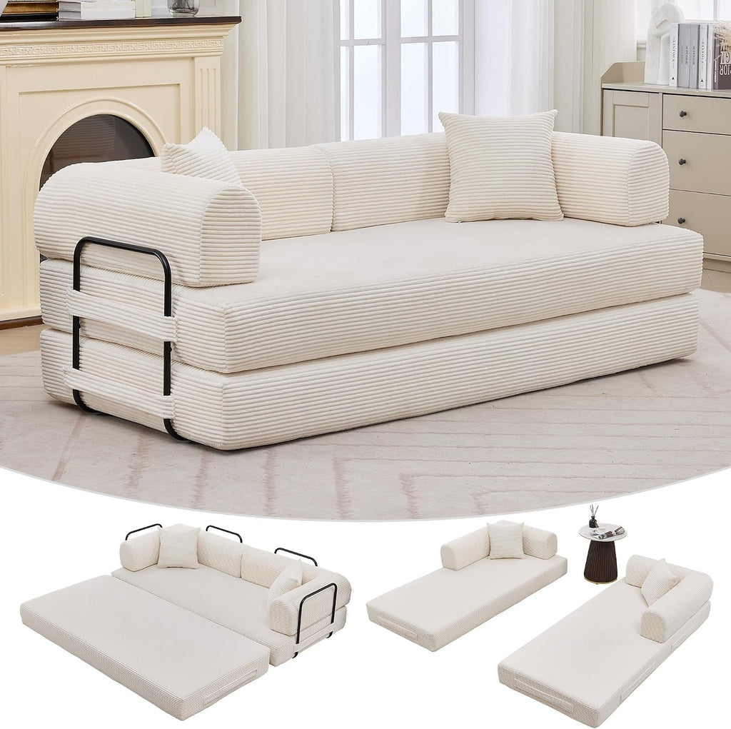 GarveeHome 79' Convertible Sleeper Sofa Bed Couch, 4-in-1 Boneless Corduroy Folding Sofa Bed with Pillow & Fixed-Shape, Floor Mattress Couch Loveseat for Living Room Apartments - No Assembly, Beige
