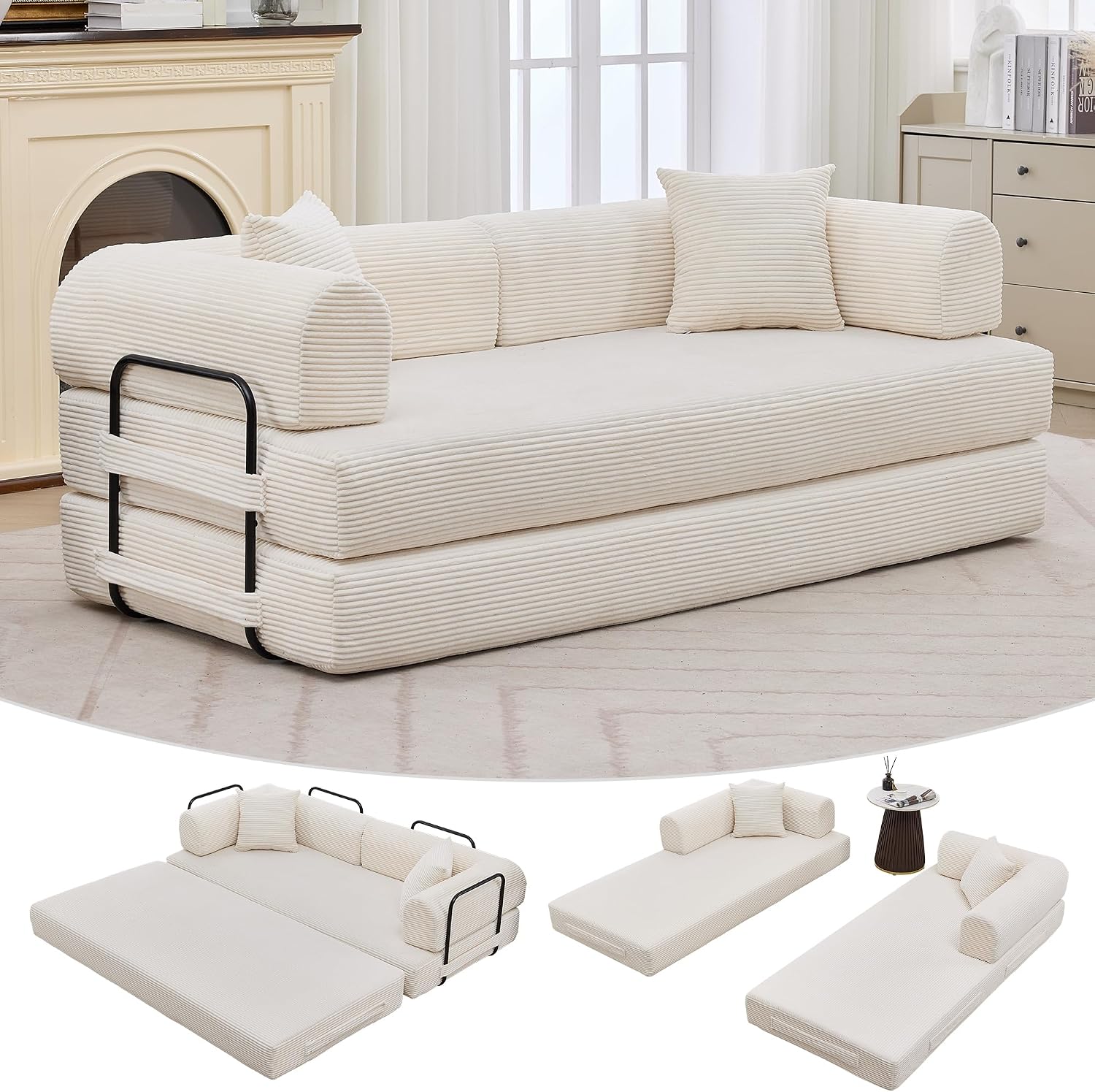 GarveeHome 79' Convertible Sleeper Sofa Bed Couch, 4-in-1 Boneless Corduroy Folding Sofa Bed with Pillow & Fixed-Shape, Floor Mattress Couch Loveseat for Living Room Apartments - No Assembly, Beige