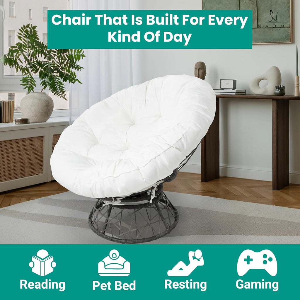 Naomi Home 40' Papasan Chair Indoor with Cushion and Frame – Round Wicker Papasan Chair with Thick Tufted Cushion, Sturdy Metal Base, Large Reading Chair for Bedroom & Living Room, White