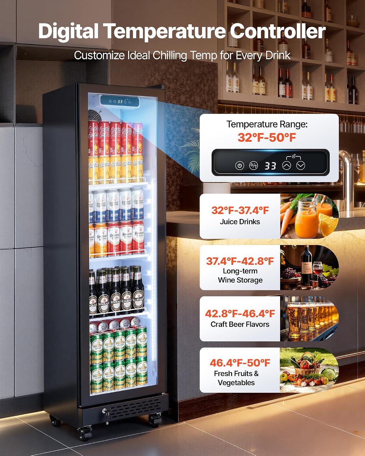 VEVOR Commercial Merchandiser Refrigerator, 6.9 Cu.Ft / 195L Glass Door Display Refrigerator, Upright Beverage Cooler Fridge with 4 Adjustable Shelves, Soft LED Light & Casters for Homes Shops Bars
