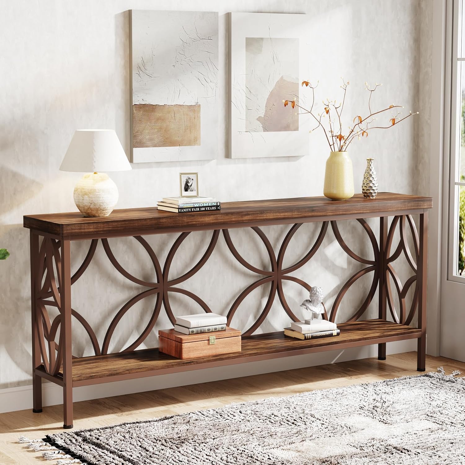 Tribesigns 70.9-Inch Narrow Sofa Table, Industrial Long Sofa Table Behind Couch, Entry Console Table with Storage for Entryway, Living Room, Foyer, Unique Design, Brown Glossy