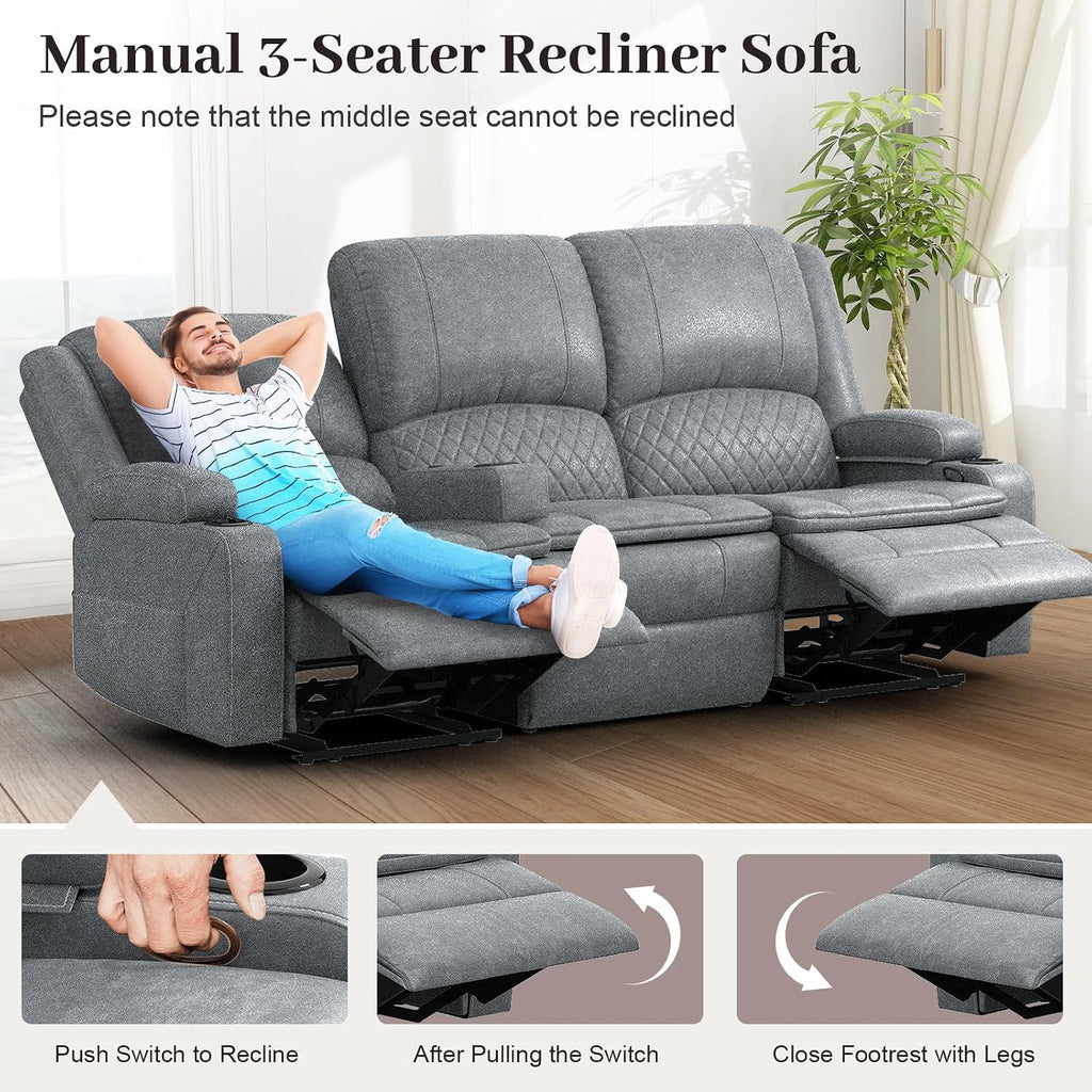 Yolsali 3-Seater Recliner Sofa, Manual Reclining Couch with Multi-Functional Middle Seat, Reclining Sofa for Living Room with Hidden Storage Space, Cup Holders, and Removable Console