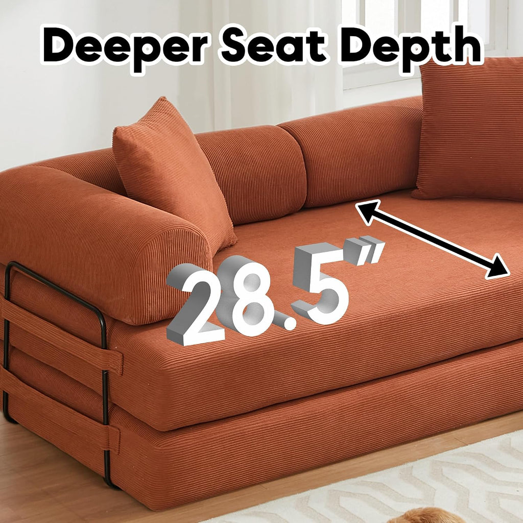 ZEIINPA Convertible Sleeper Sofa Bed with Cylindrical Pillow, Corduroy Folding Mattress Couch with Fixed-Shape Frame, Floor Sofa Lounge Couch for Living Room Bedroom Lounge Studio, Orange