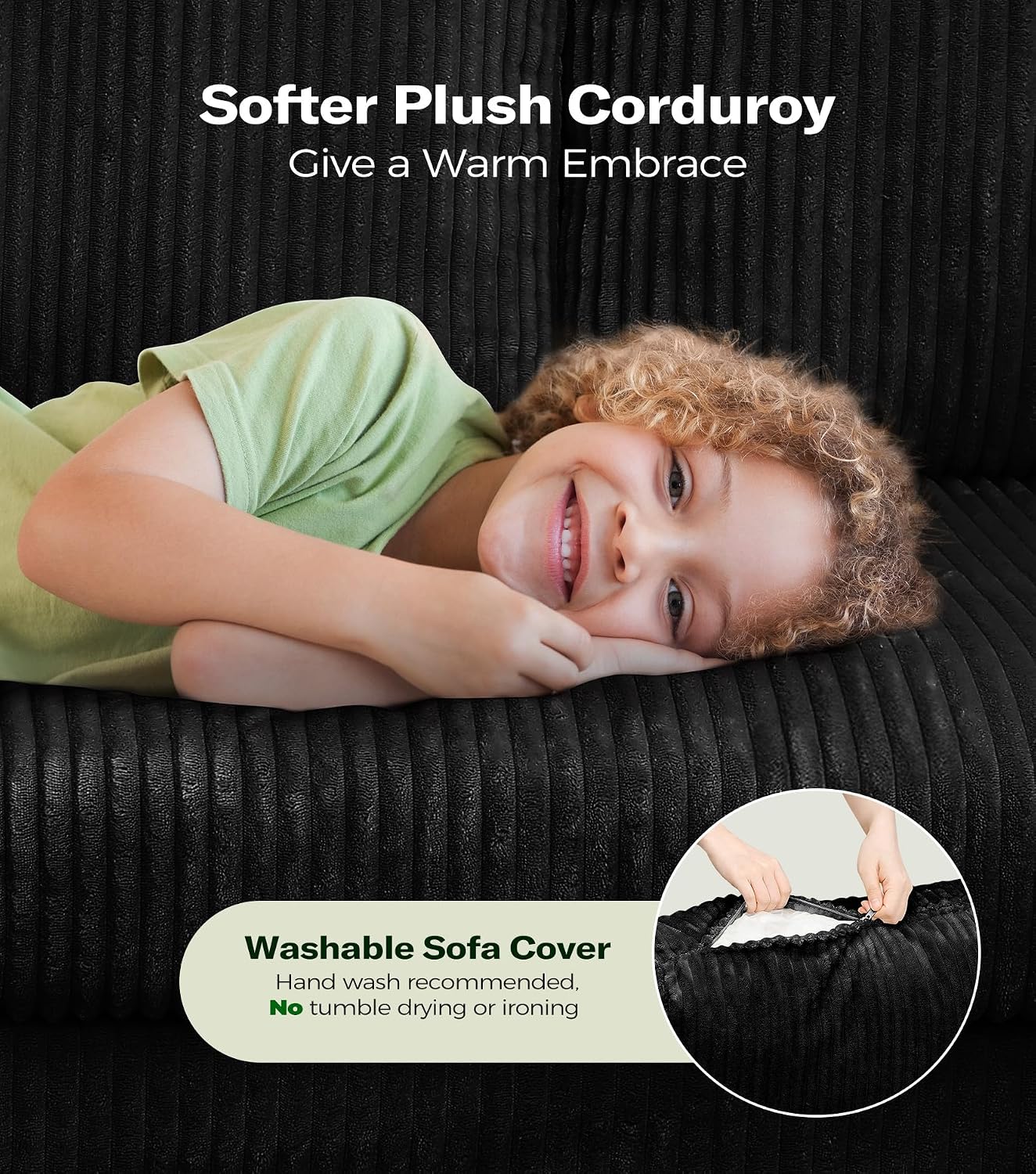 Welzona Corduroy Sofa Couch, 101' Comfy Couches for Living Room, Black | 24' Extra Deep Seat, Tool-Free Sofas, All-Wood Loveseat, 2 Pillows Included, 850lbs Load-bearing
