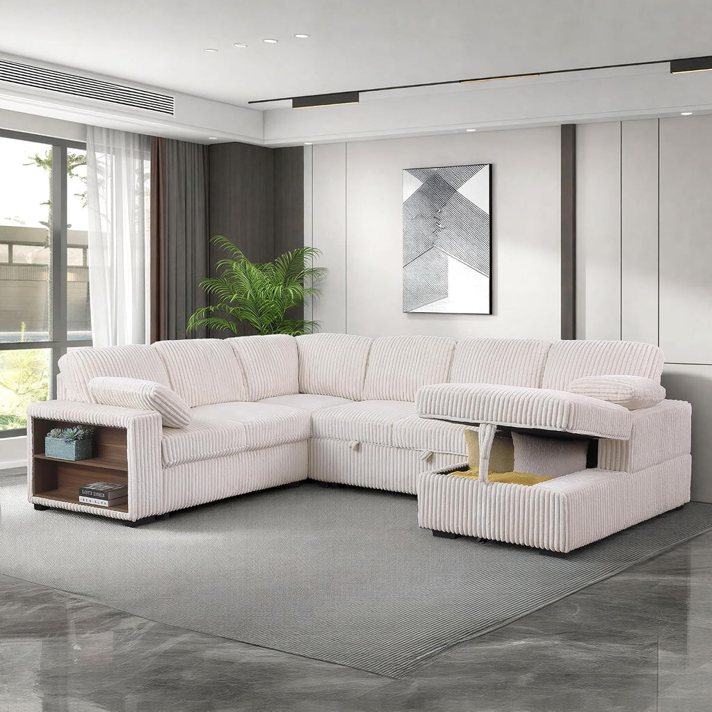 118 inch Oversized U Shaped Sectional Sleeper Sofa with Pull Out Couch Bed , Plush Corduroy Convertible Pullout Sofabed with Storage Chaise & Shelves,6 Seater Corner Couches for Living Room Office