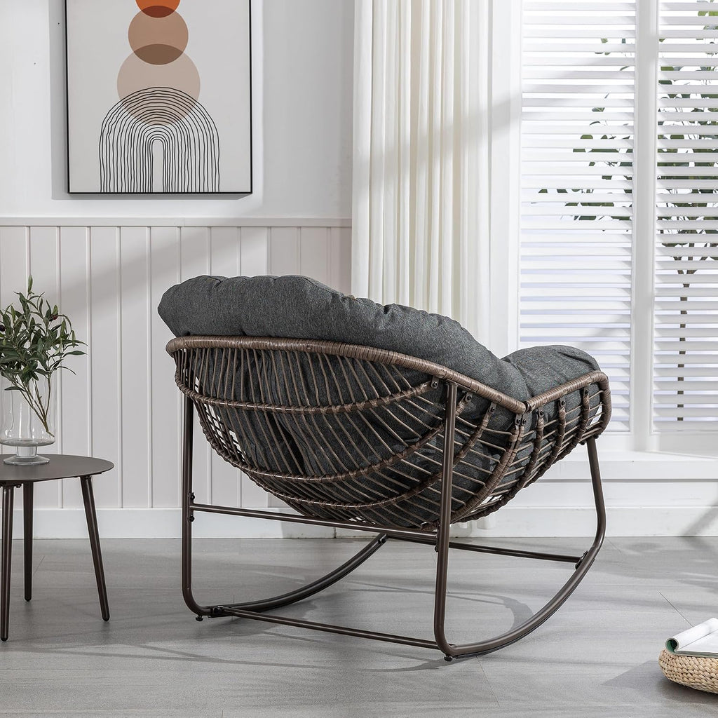 Patio Rocking Chairs, Oversized Wicker Egg Rocking Chair,Indoor & Outdoor Upholstered Papasan Chairs, Modern Lounge Chair for Balcony,Living Room Patio, Front Porch, Garden(Grey)