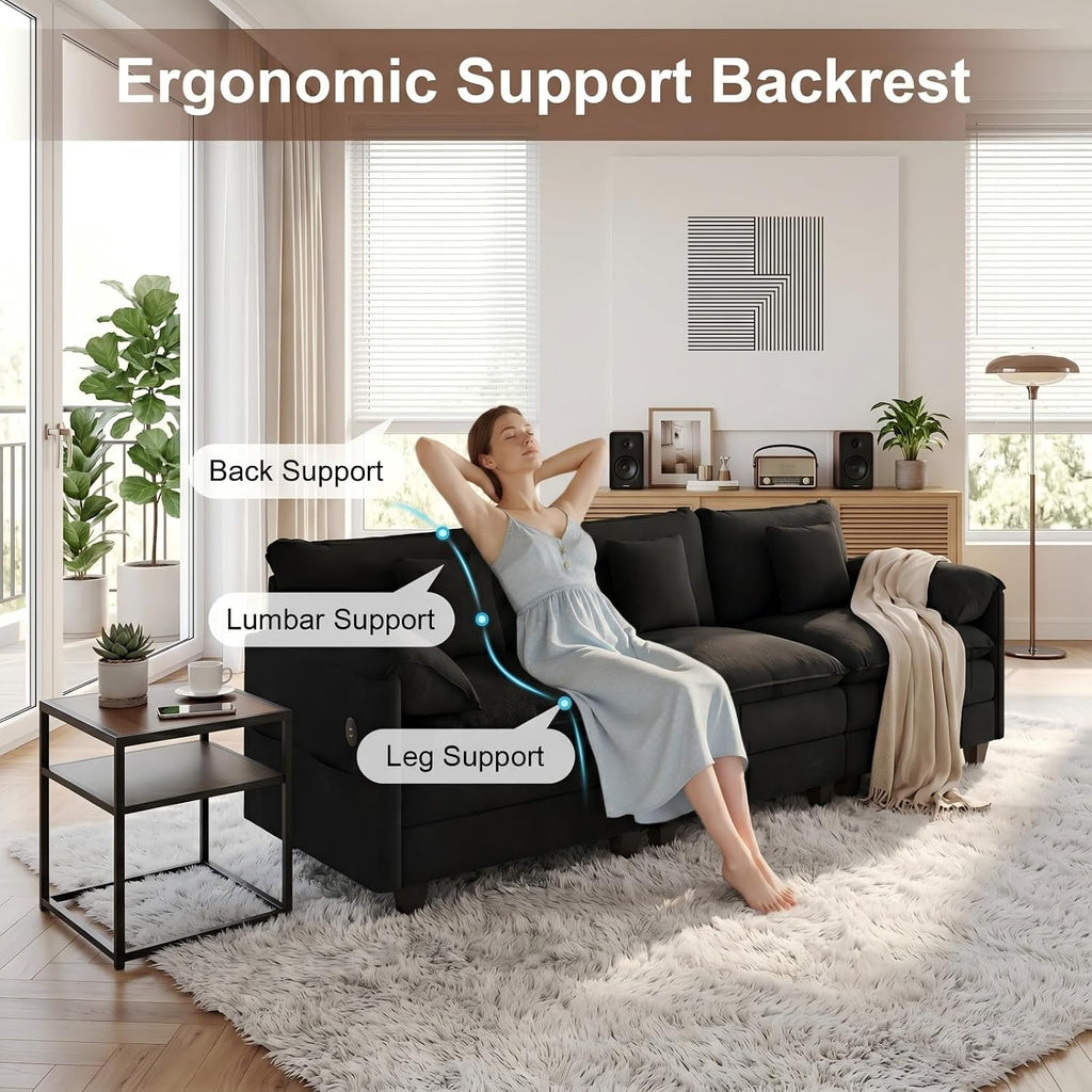 KCGKCG Modular Sectional Sofa, 108' Comfy Cloud Couch with Movable Ottoman | Charging Station | Side Pocket | Throw Pillow, Modern L-Shaped Couches for Living Room, Chenille, Classic Black