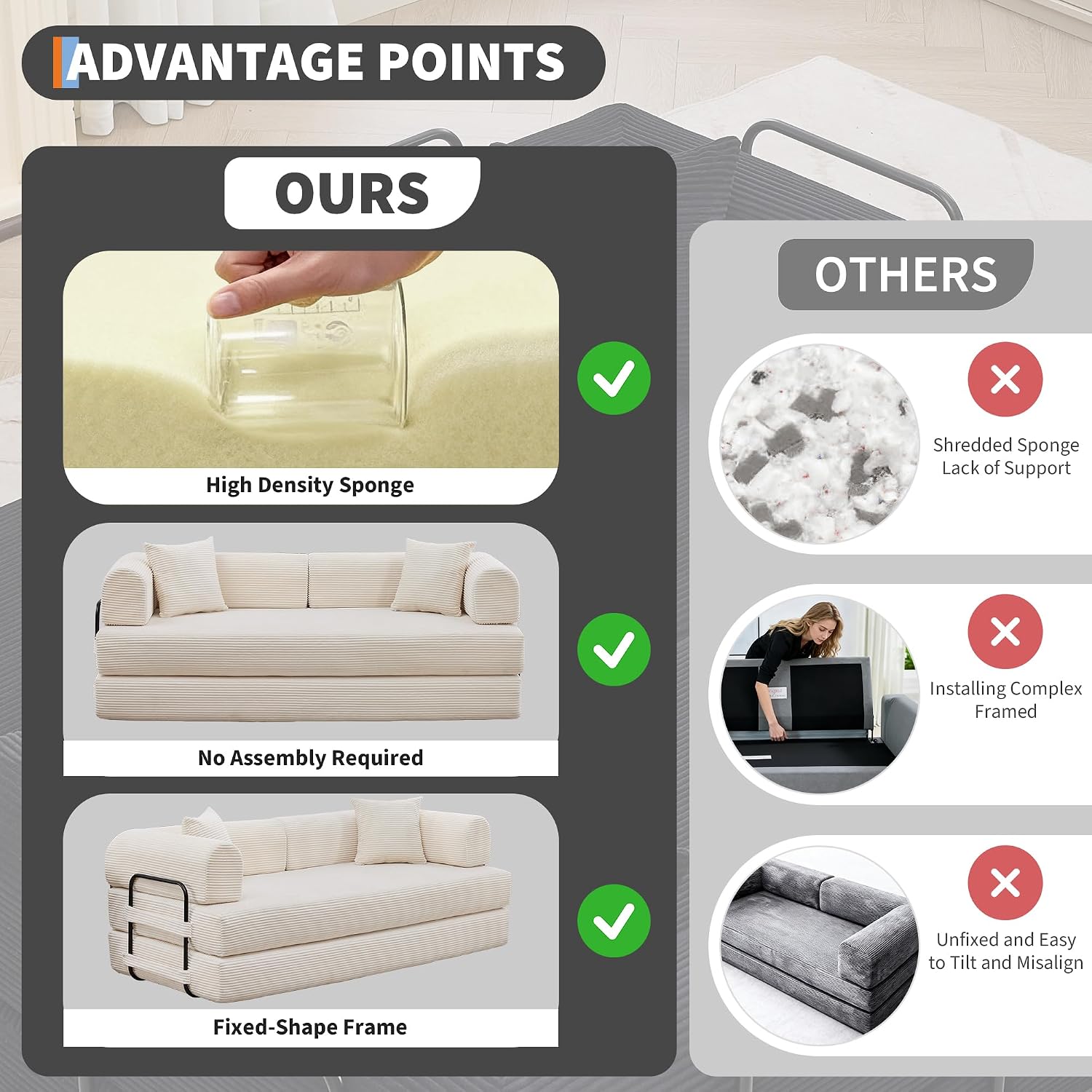 GarveeHome 79' Convertible Sleeper Sofa Bed Couch, 4-in-1 Boneless Corduroy Folding Sofa Bed with Pillow & Fixed-Shape, Floor Mattress Couch Loveseat for Living Room Apartments - No Assembly, Beige
