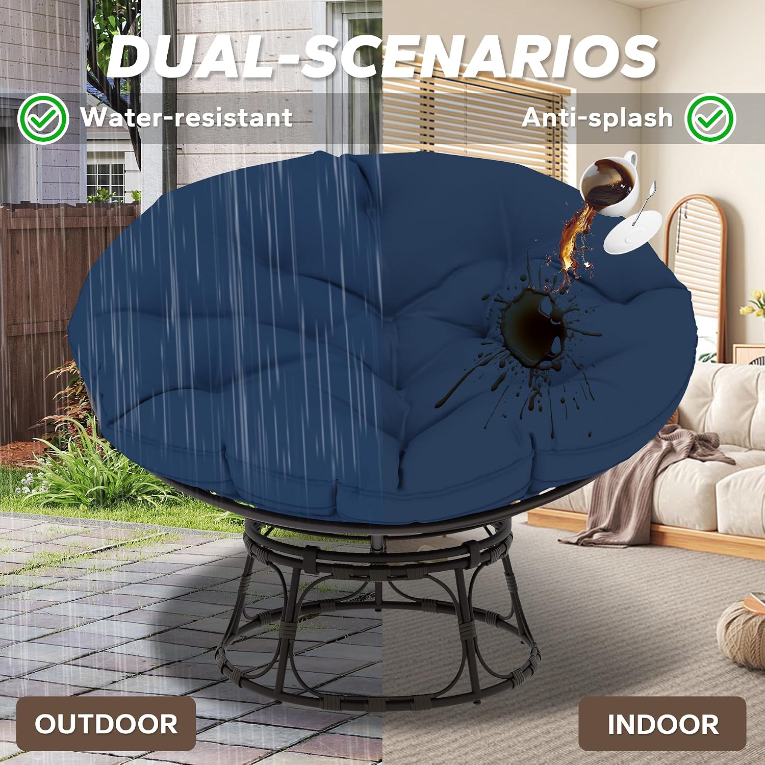 46'' Large Size Papasan Chair with (Non-Swivel) Cushion and Frame, Living Room Chair for Reading, Navy Blue