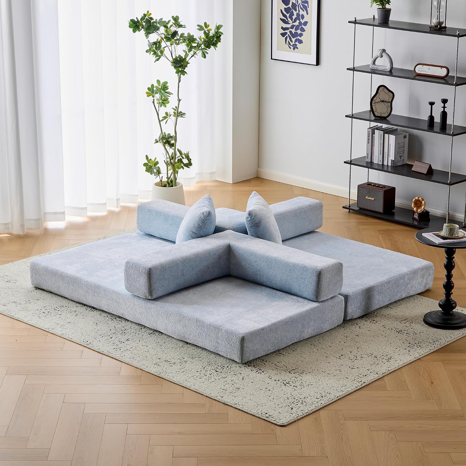 ZEIINPA Convertible Floor Sofa Bed with Fixed-Shape Frame, Modular Chenille Folding Mattress Couch with Armrest, Floor Sofa Lounge Couch for Living Room Bedroom Lounge Studio,Sky Blue