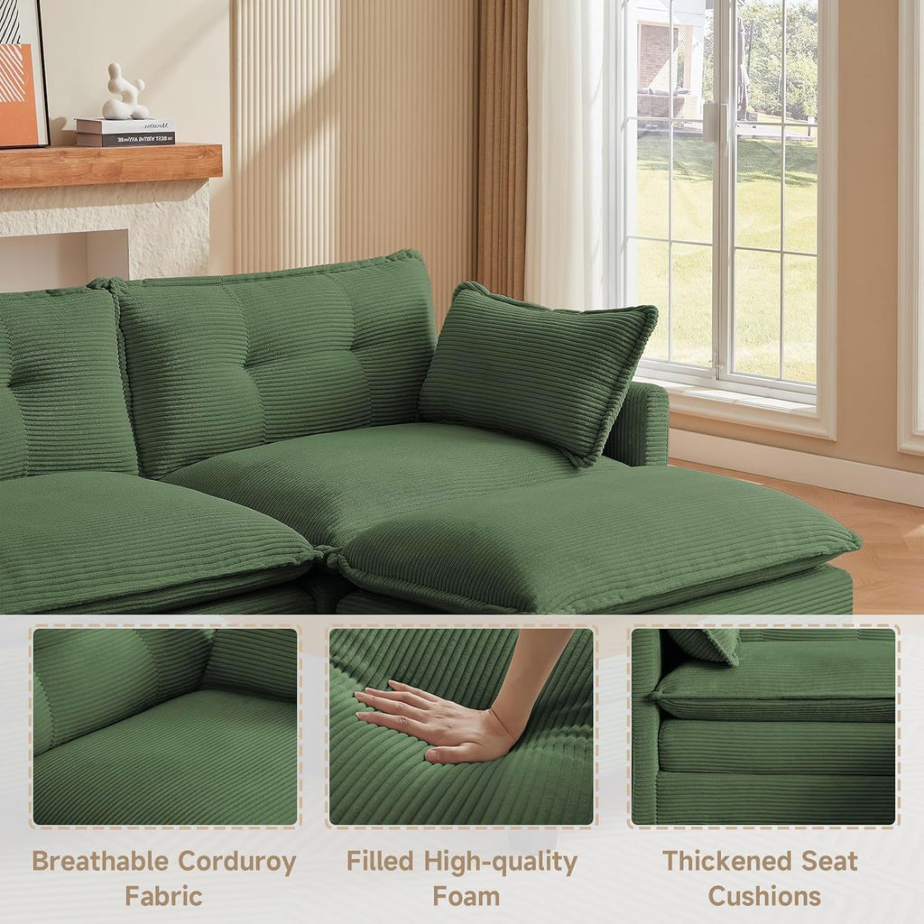 Amsleekey Modular Sectional Sofa, 76.5' L-Shaped Corduroy Comfy Sectional Couches for Living Room, 2-Seater Cloud Couches with 1 Movable Ottoman, Flexible Combination Modern Deep Seat Sofa (Green)