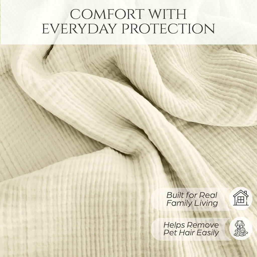Washable Sofa Cover %100 Pure Cotton, Gauze Couch Covers for Sectional, 3 Seater, L Shape, U Shape Sofa, Large 4 Layered Natural Muslin Fabric, Cloud Like Couch Cover (Cream, 95x118' / 240x300 cm)
