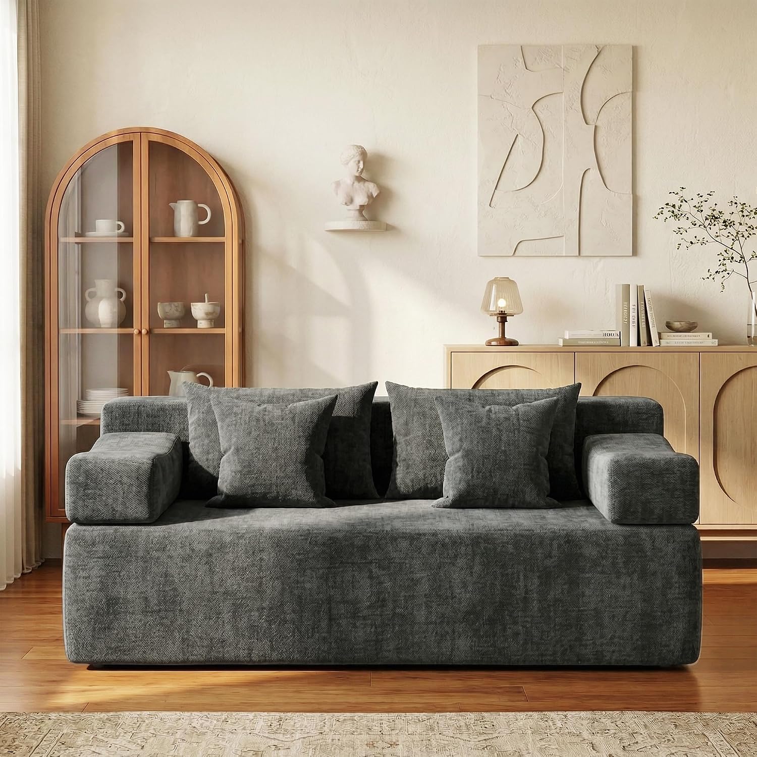 MONVANE 70' Loveseat Sofa with Removable Armrests, Comfy Chenille Cloud Couch with 4 Pillows, Modern Deep Seat Boneless Couch, 2 Seater Sofa for Living Room, No Assembly Required, Grey