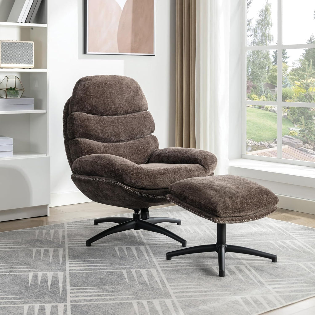 OSP Home Furnishings Kerry Modern Plush Swivel and Rocking Lounge Chair and Foot Rest with Black Base, Brown Fabric