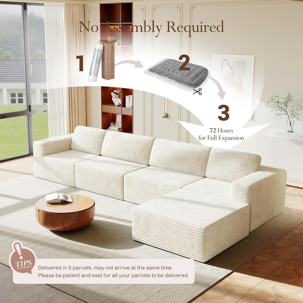 Vesgantti 159' Large Modular Sectional Sofa, L-Shaped Corduroy Cloud Couch with Deep Seats & Spring Support, 4-Seater Boneless Sofa with Movable Ottoman, No Assembly Needed, Beige
