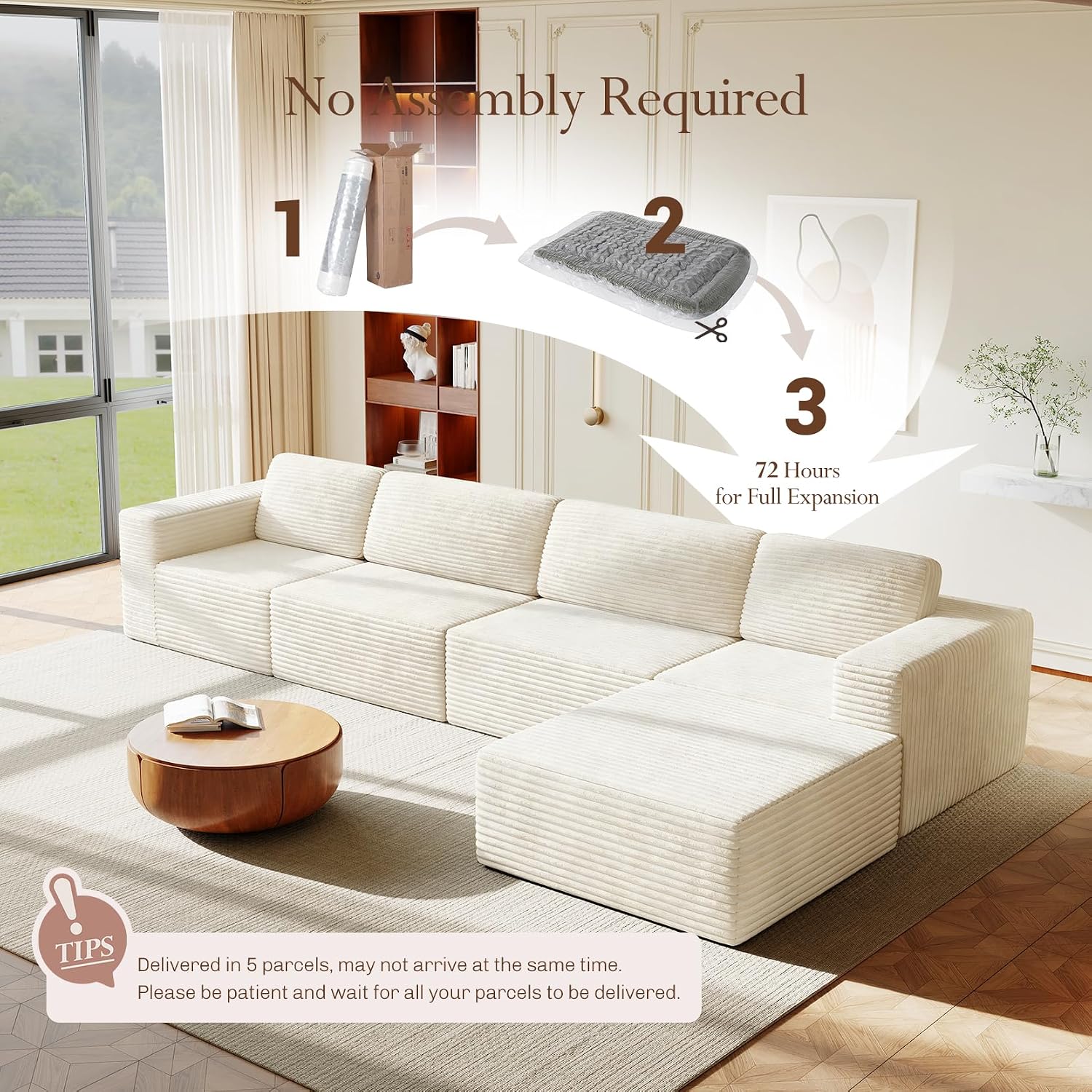 Vesgantti 159' Large Modular Sectional Sofa, L-Shaped Corduroy Cloud Couch with Deep Seats & Spring Support, 4-Seater Boneless Sofa with Movable Ottoman, No Assembly Needed, Beige