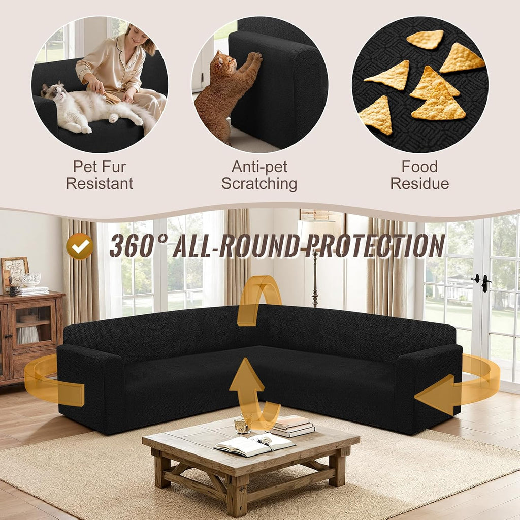 HDCAXKJ Sectional Couch Cover L Shape Stretch Sofa Covers Washable Jacquard Corner Couch Slipcover Non Slip Sectional Slip Cover U Shaped Furniture Protector for Pets Dogs (Black, Large)