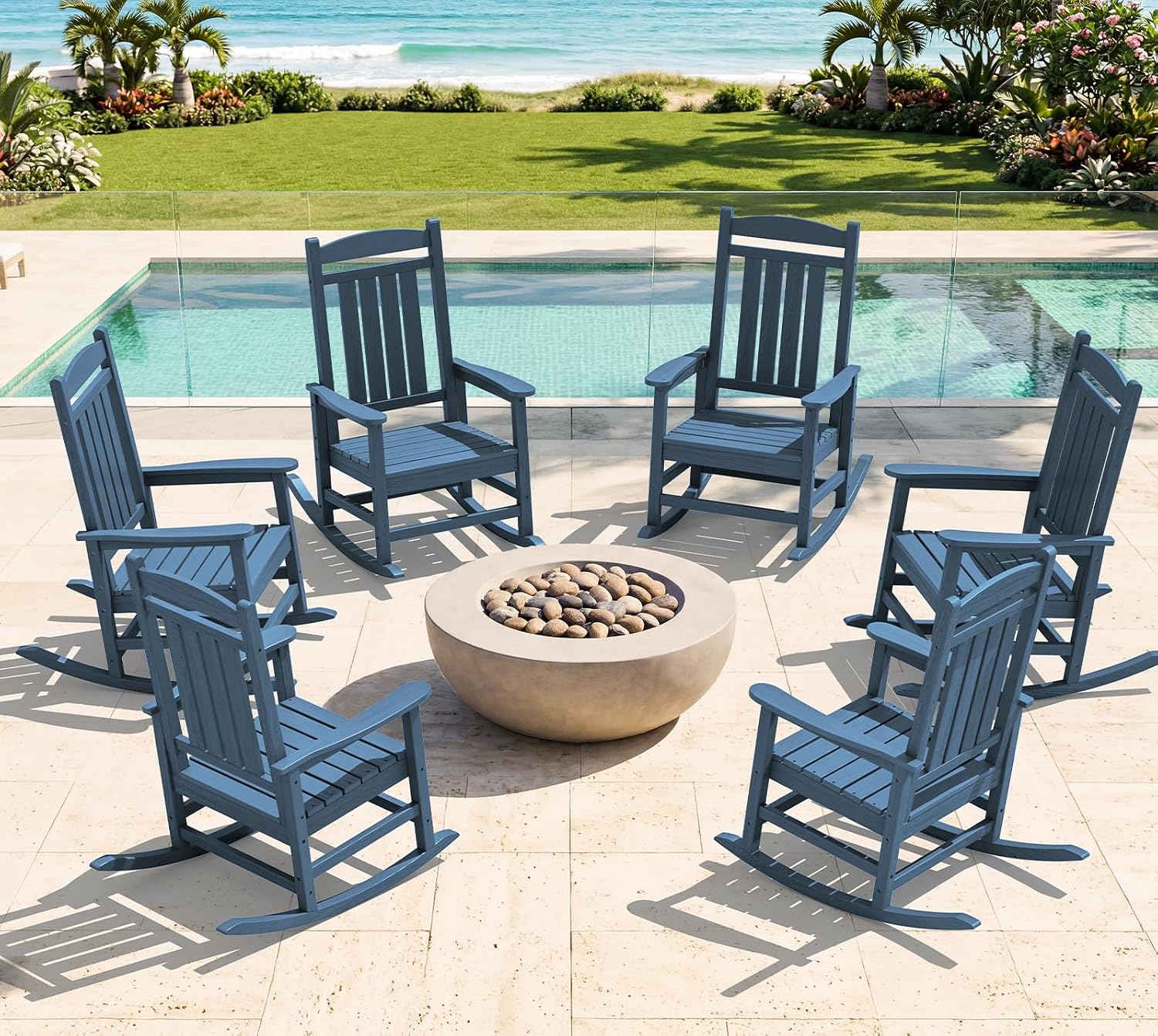 KINGYES Oversized HDPE Patio Rocking Chair Set of 6, Outdoor Rocking Chairs Porch Rocker for Adults, Navy