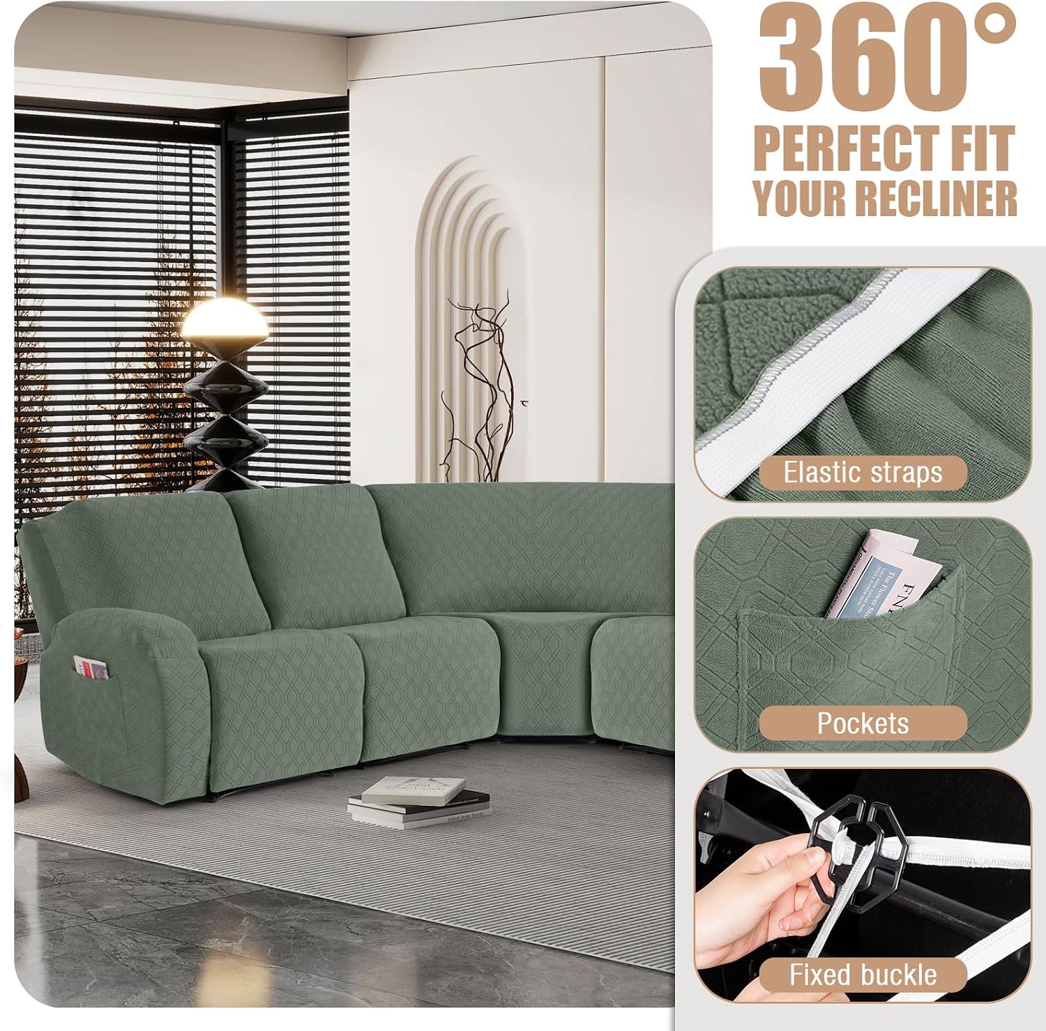 VANSOFY Extra Large Reclining Sectional Couch Covers, Washable 5-Piece Sofa Covers for L Shape Sectional Sofa Corner Seater, Thick, Soft Sofa Slipcovers (5 Seat Recliner Cover, Green)