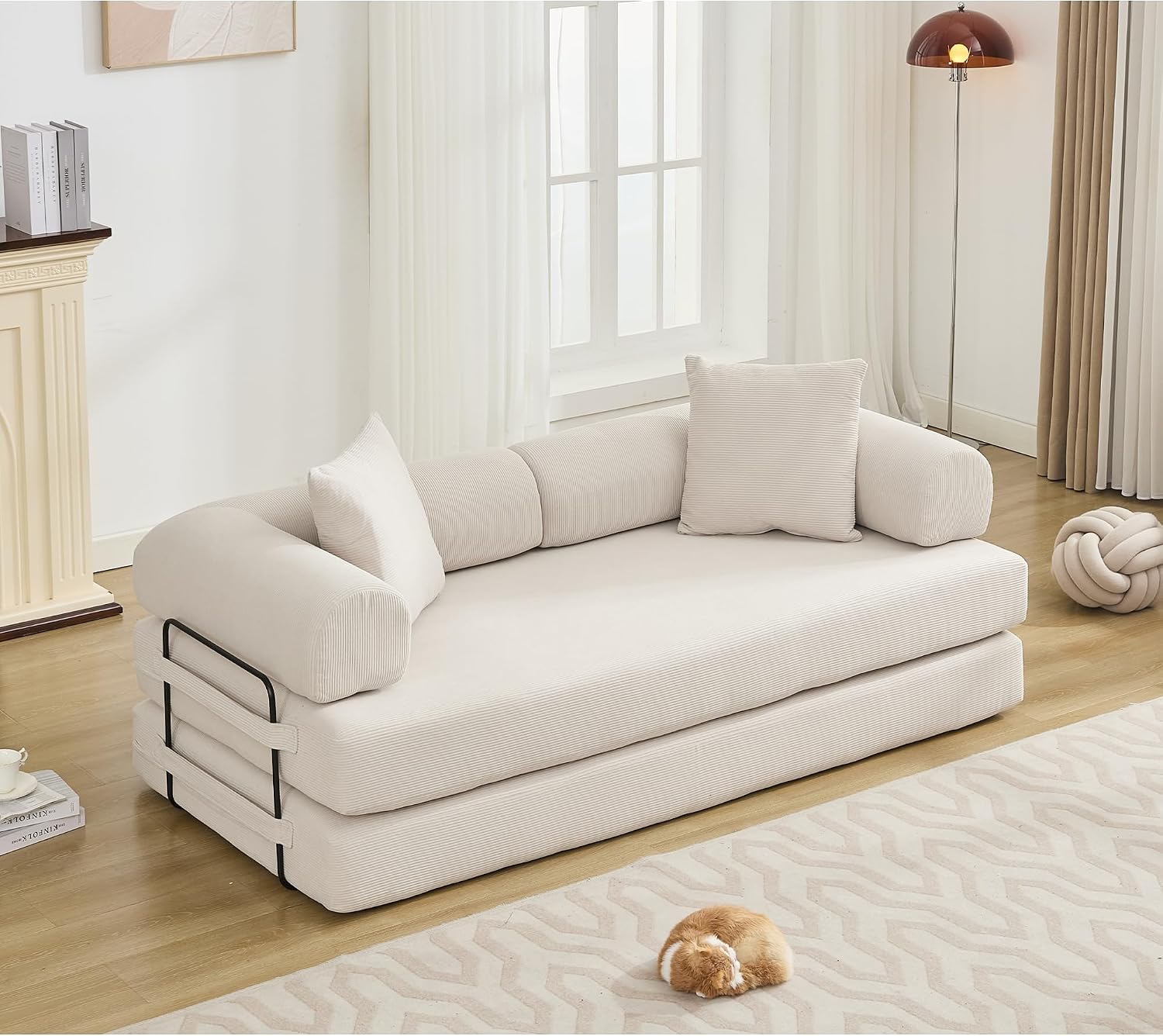 ZEIINPA Convertible Sleeper Sofa Bed with Cylindrical Pillow, Corduroy Folding Mattress Couch with Fixed-Shape Frame, Floor Sofa Lounge Couch for Living Room Bedroom Lounge Studio, Beige