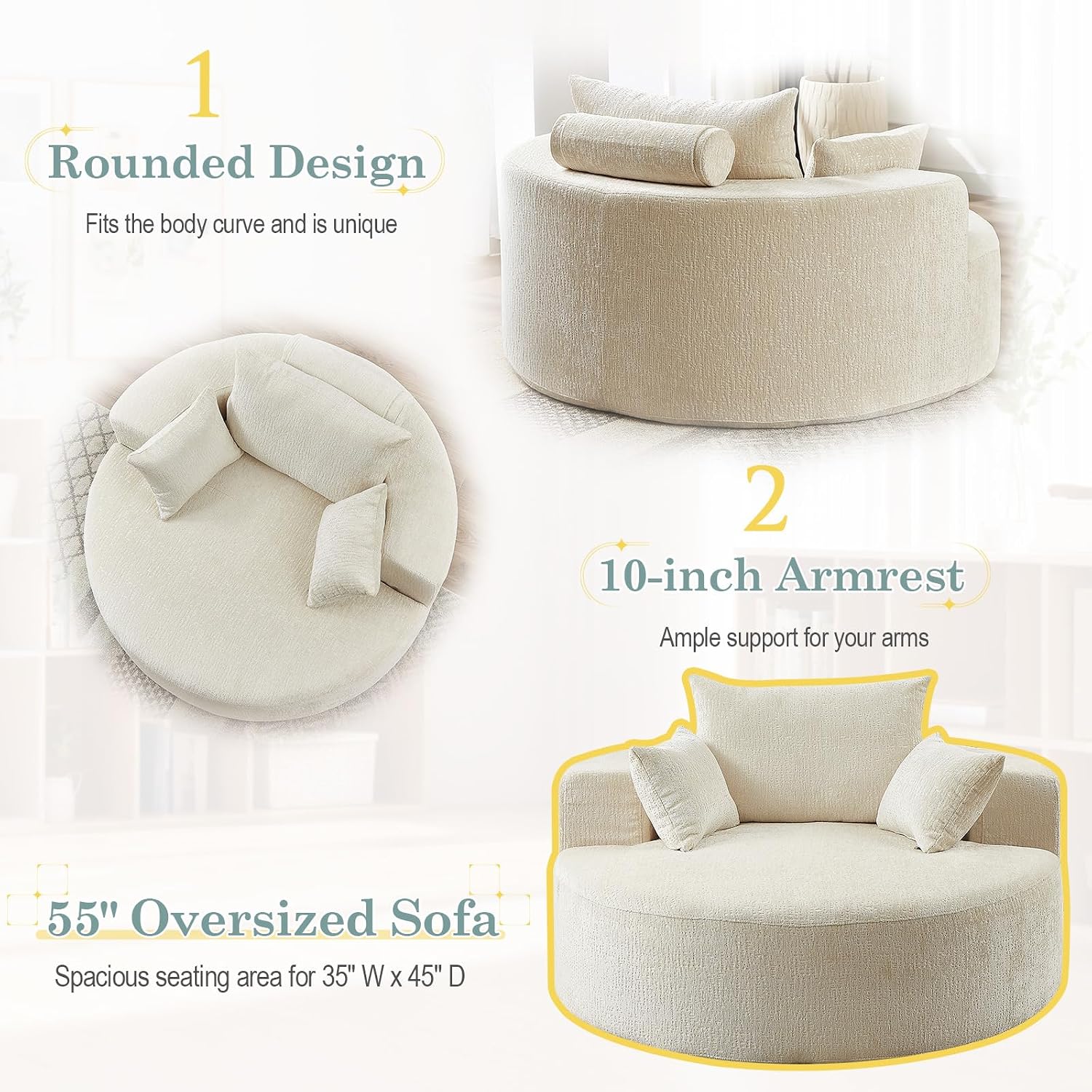 Oversized Round Chaise Longue Chair Indoor, Modern 55-inch Upholstered Chenille Deep Seat Circle Single Cloud Lounge Floor Sofa Chair for Living Room, Bedroom Apartment, Beige