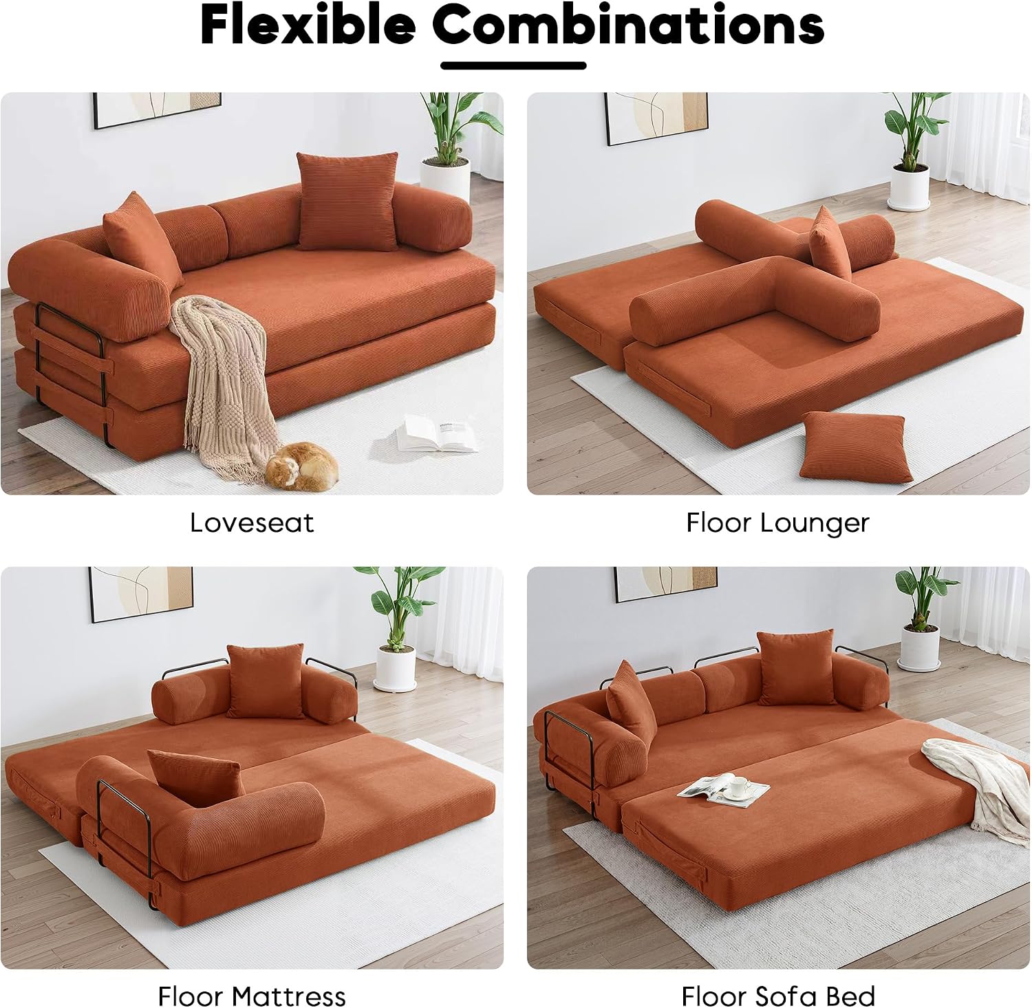 ZEIINPA Convertible Sleeper Sofa Bed with Cylindrical Pillow, Corduroy Folding Mattress Couch with Fixed-Shape Frame, Floor Sofa Lounge Couch for Living Room Bedroom Lounge Studio, Orange