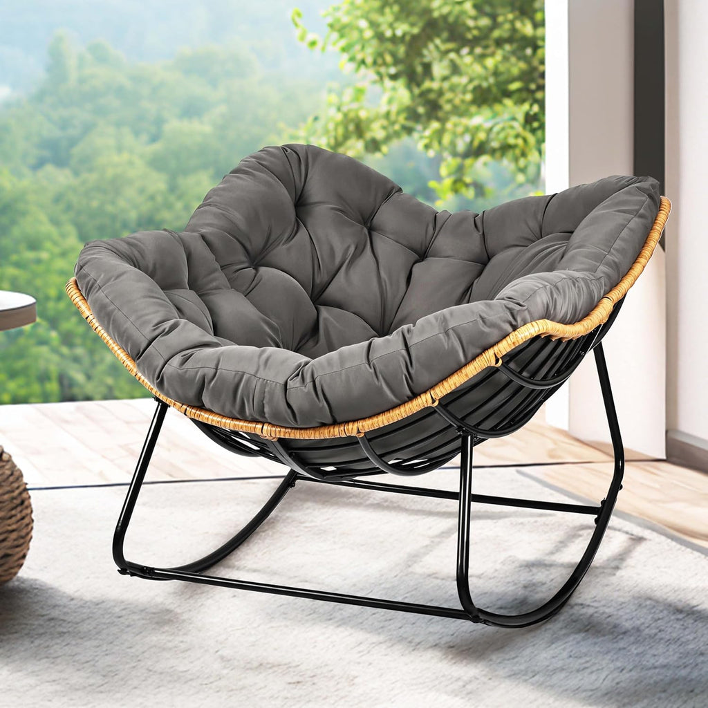 Egg-Shaped Outdoor Rocking Chair, Patio Rocking Chair with Thick Cushion, Modern Indoor Papasan Rocking Chair, Lounge Rocker for Balcony, Living Room, Bedroom, Porch, Lawn, Garden (Dark Grey)