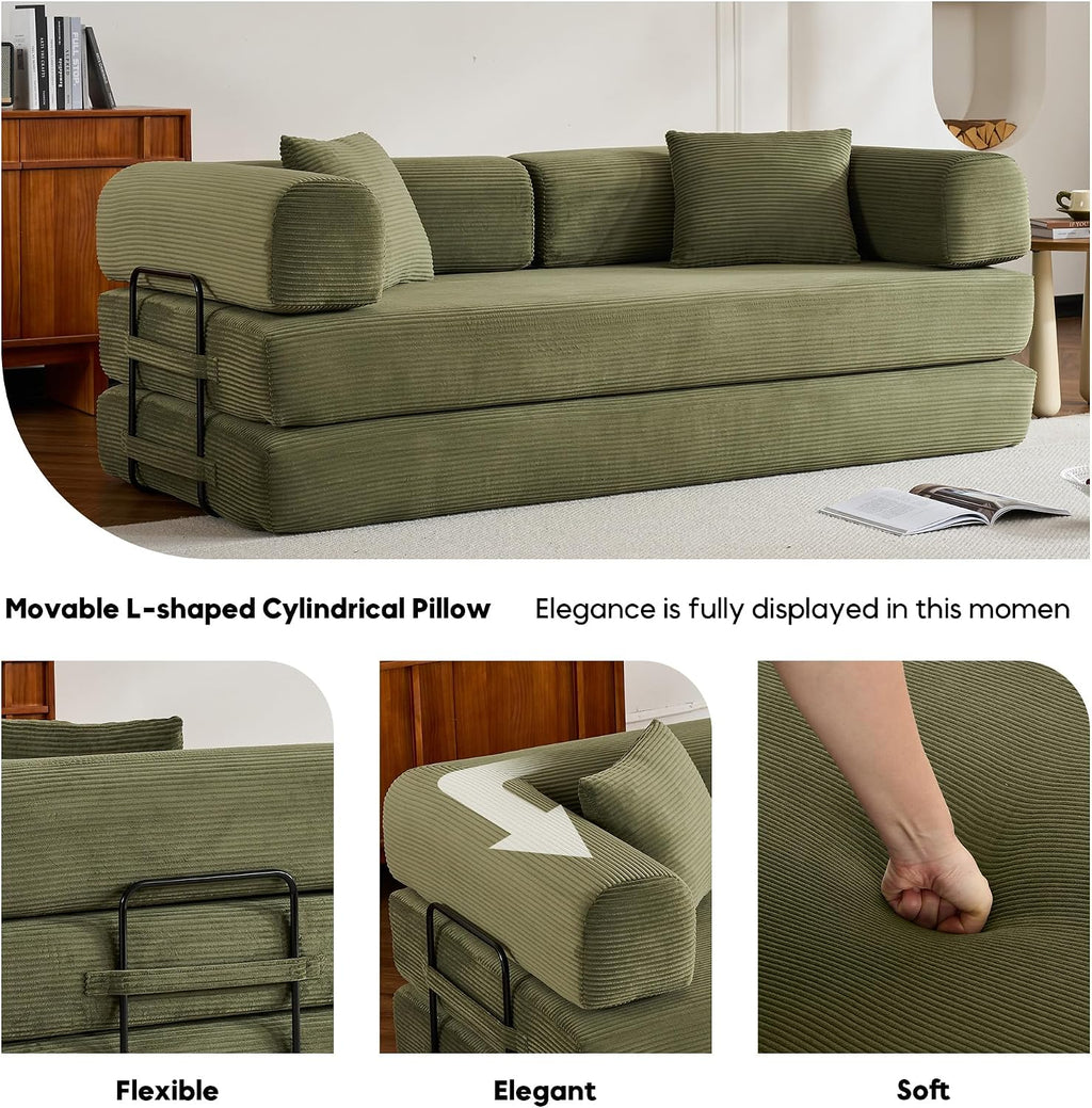 ZEIINPA Convertible Folding Couch Bed, Comfy Corduroy Sleeper Floor Sofa Bed with Fixed-Shape Frame, Floor Sofa with Armrest, Lounge Couch for Living Room Bedroom Lounge Studio, Green