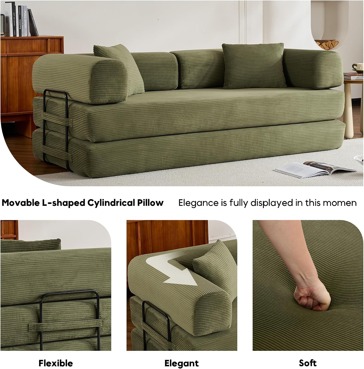 ZEIINPA Convertible Folding Couch Bed, Comfy Corduroy Sleeper Floor Sofa Bed with Fixed-Shape Frame, Floor Sofa with Armrest, Lounge Couch for Living Room Bedroom Lounge Studio, Green