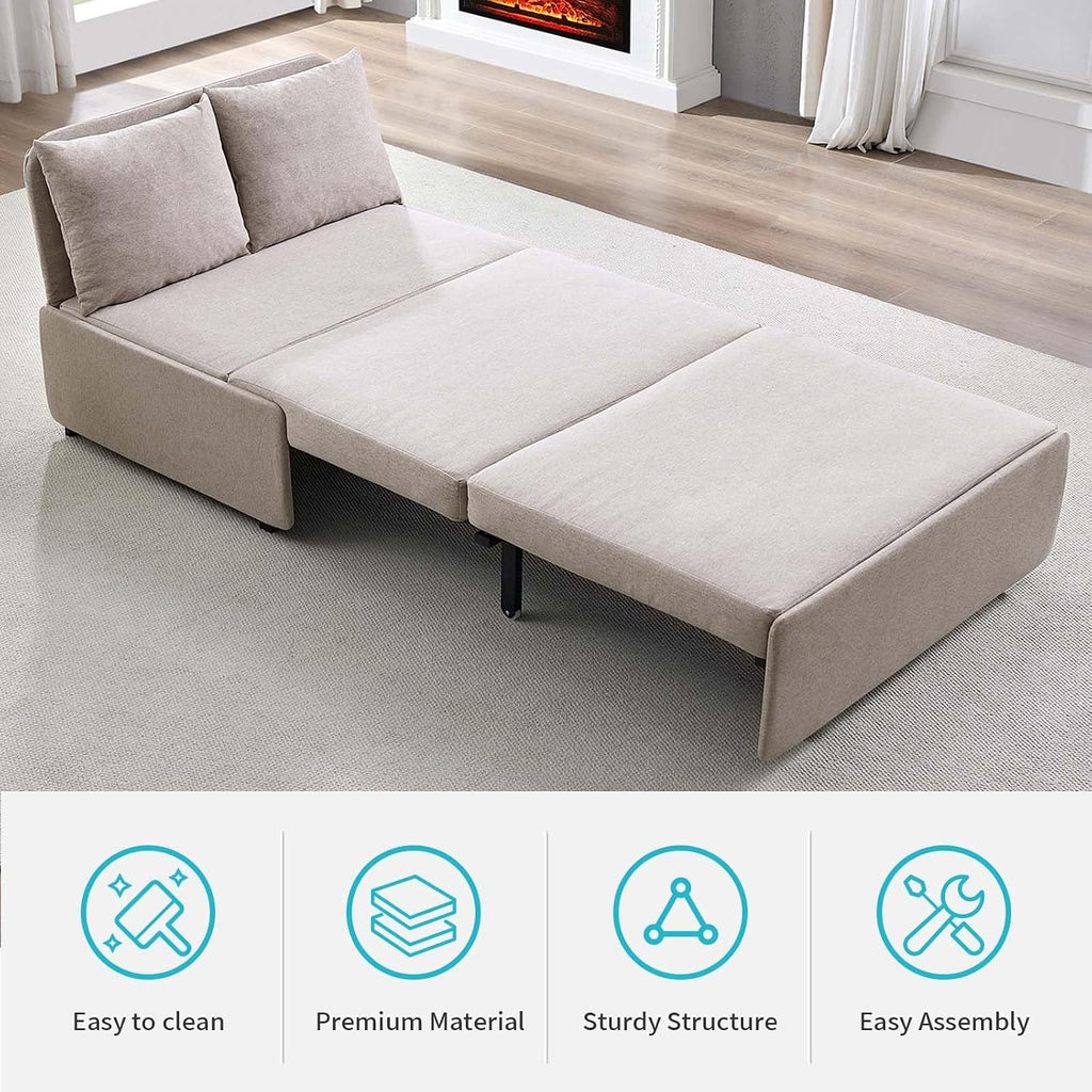 CECER 43.3' Twin Size Pull Out Sofa Bed, Pull Out Couch Bed with 2 Pillows, Linen Convertible Sleeper Sofa with Foldable Mattress, 2 in 1 Armless Sleeper Sofa for Living Room (Beige)