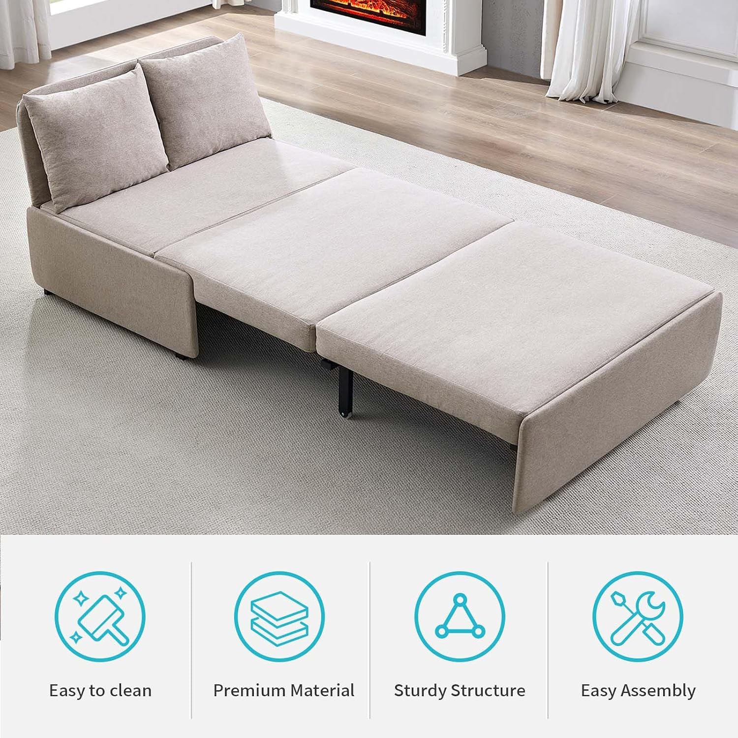 CECER 43.3' Twin Size Pull Out Sofa Bed, Pull Out Couch Bed with 2 Pillows, Linen Convertible Sleeper Sofa with Foldable Mattress, 2 in 1 Armless Sleeper Sofa for Living Room (Beige)
