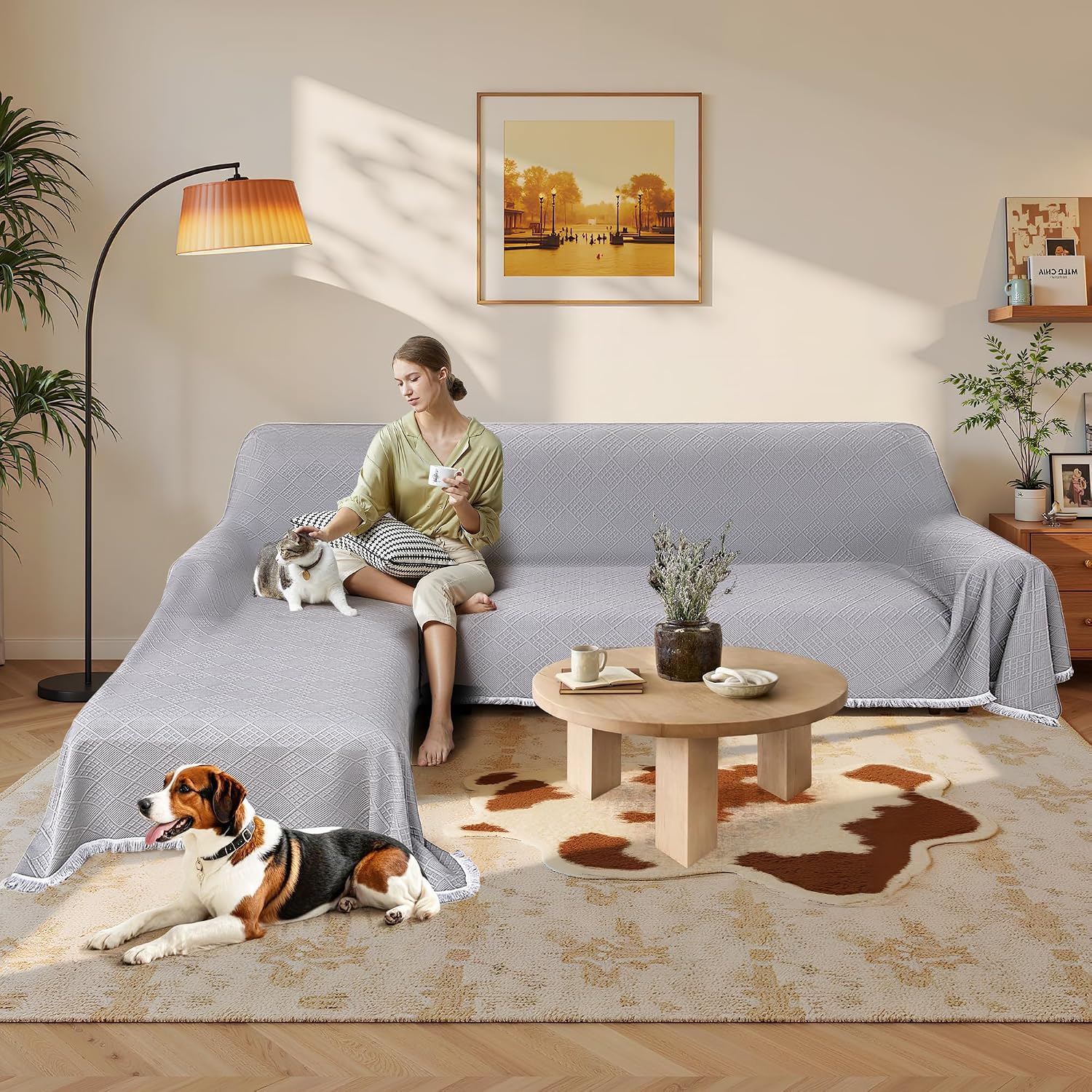 Waterproof L Shaped Sectional Couch Covers Blanket 2 Piece Sectional Sofa Cover Washable L Shape Sofa Slipcover Jacquard Quilted Furniture Protector for Dogs Pets Cats (XX-Large, Ash Gray)