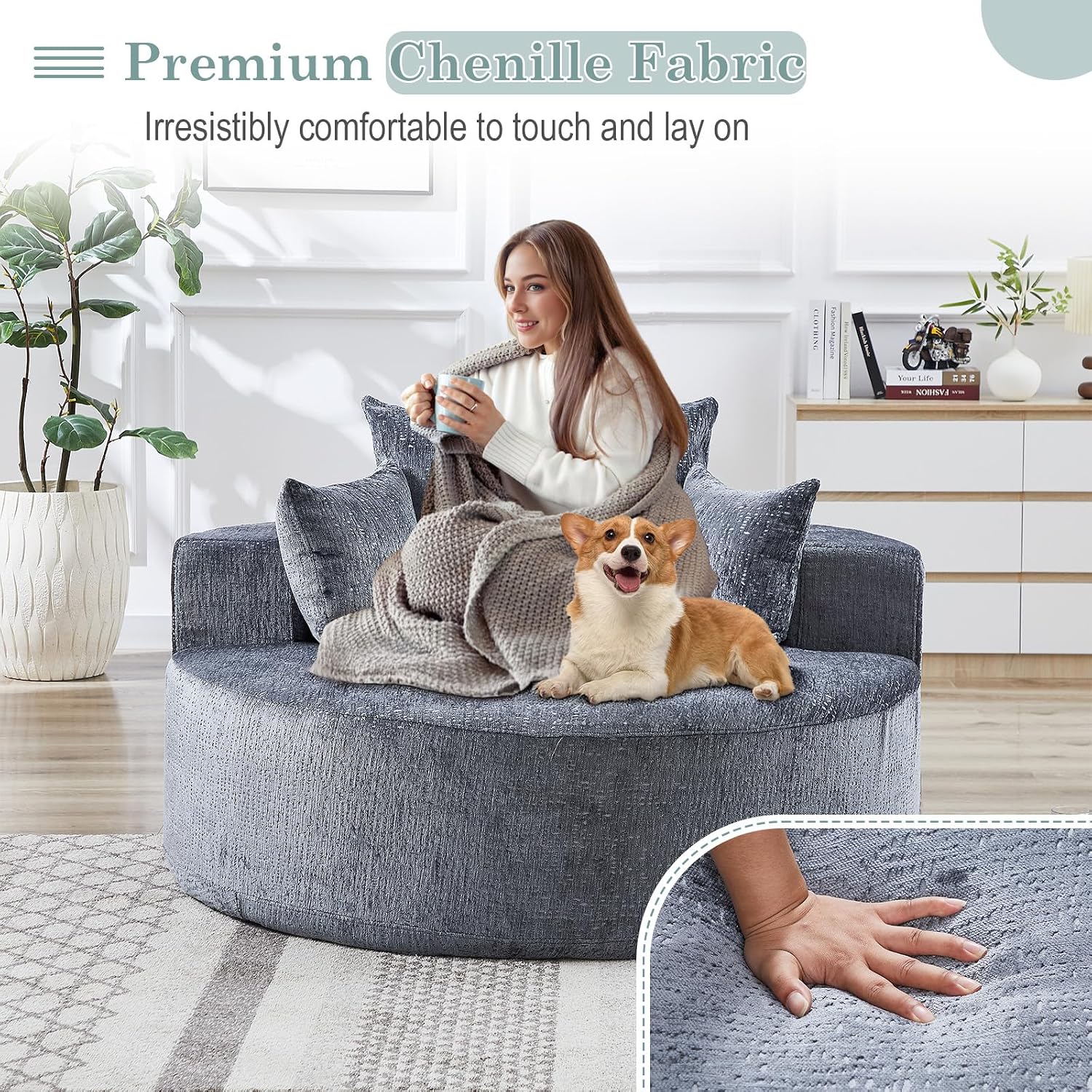 Oversized Round Chaise Longue Chair Indoor, Modern 55-inch Upholstered Chenille Deep Seat Circle Single Cloud Lounge Floor Sofa Chair for Living Room, Bedroom Apartment, Grey