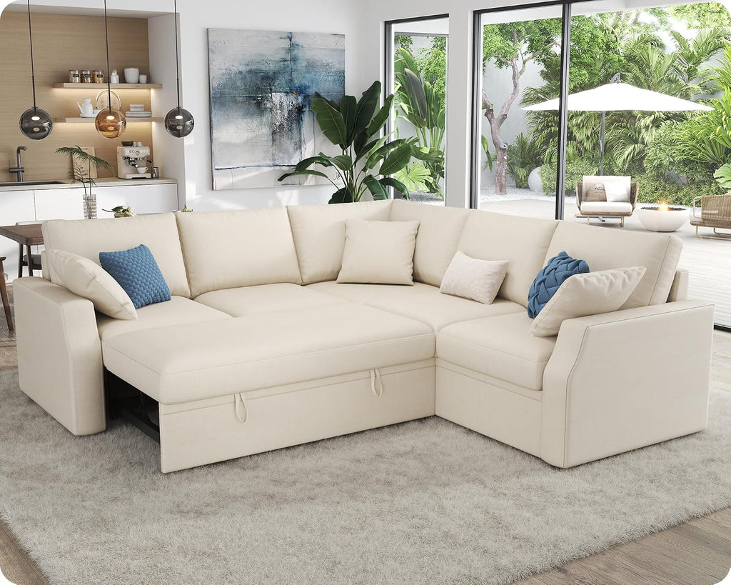 AMERLIFE 85 Inch Sofa Bed, Oversized L Shape Couch with Pull Out Bed & Storage Seat, Oversized Reversible Sleeper Sofa for Living Room Apartment, Beige Linen Couch