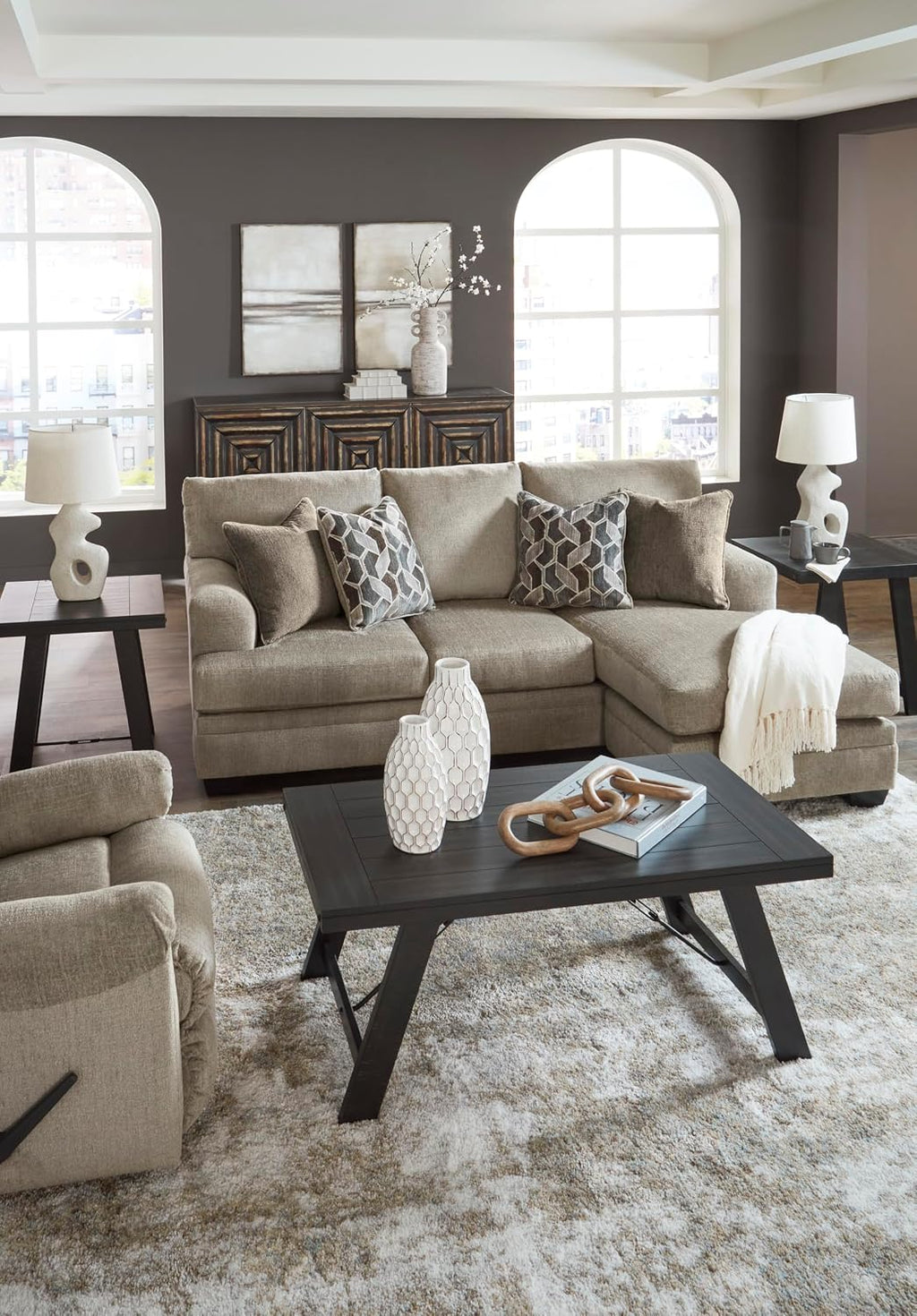 Signature Design by Ashley Stonemeade Casual Right-Arm Facing Sofa Chaise with 4 Toss Pillows, Light Brown