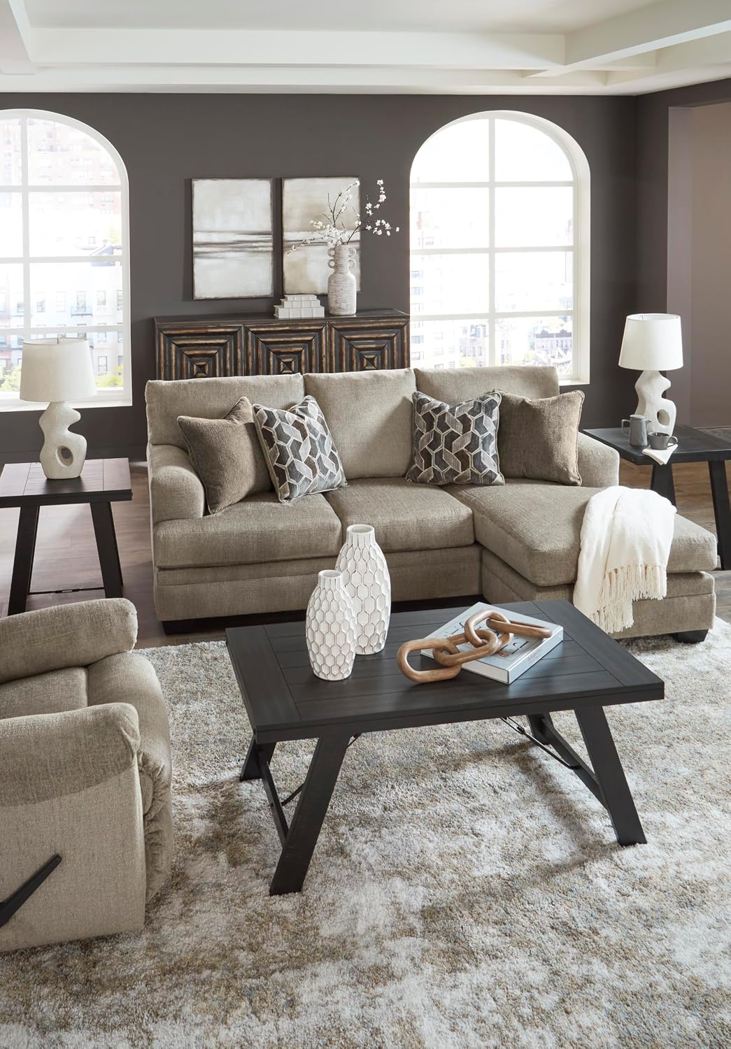 Signature Design by Ashley Stonemeade Casual Right-Arm Facing Sofa Chaise with 4 Toss Pillows, Light Brown
