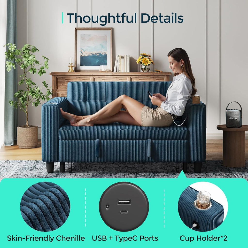 LINSY Sleeper Sofa Bed, 54' Pull Out Couch with Charging Station & Cup Holder, Small 3 in 1 Convertible Loveseat Sleeper Couch for Apartment, Dorm Room, Bedroom and Small Space(Corduroy Blue)