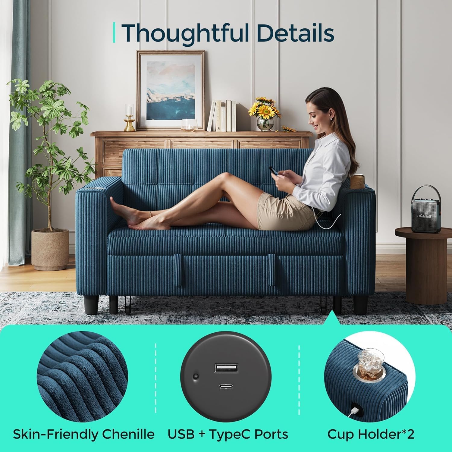 LINSY Sleeper Sofa Bed, 54' Pull Out Couch with Charging Station & Cup Holder, Small 3 in 1 Convertible Loveseat Sleeper Couch for Apartment, Dorm Room, Bedroom and Small Space(Corduroy Blue)