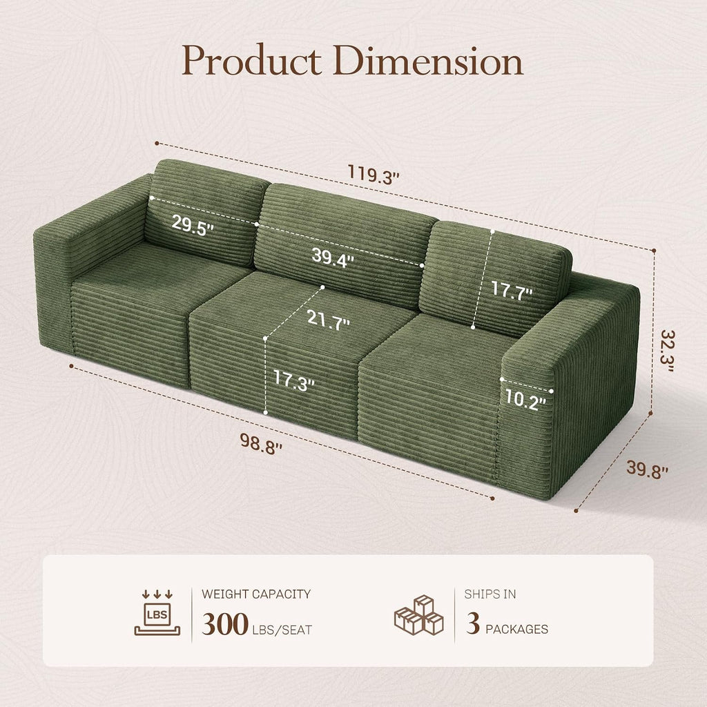 Vesgantti 119' Modular Sectional Sofa, Corduroy Cloud Couch with Deep Seating & Spring Support, 3 Seater Flexible Layout Sofa, Boneless Couch for Living Room & Apartment, No Assembly Required, Green