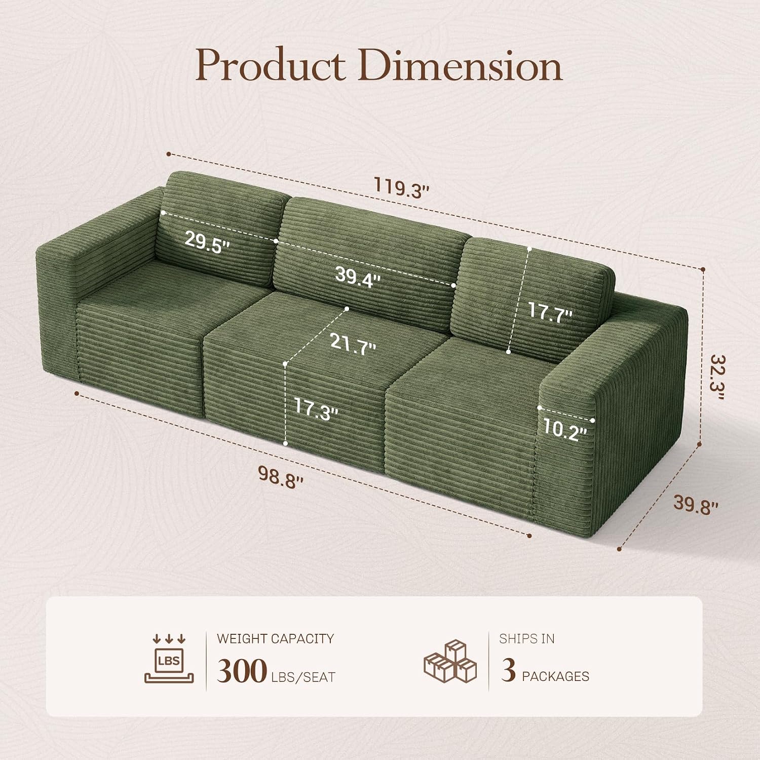 Vesgantti 119' Modular Sectional Sofa, Corduroy Cloud Couch with Deep Seating & Spring Support, 3 Seater Flexible Layout Sofa, Boneless Couch for Living Room & Apartment, No Assembly Required, Green