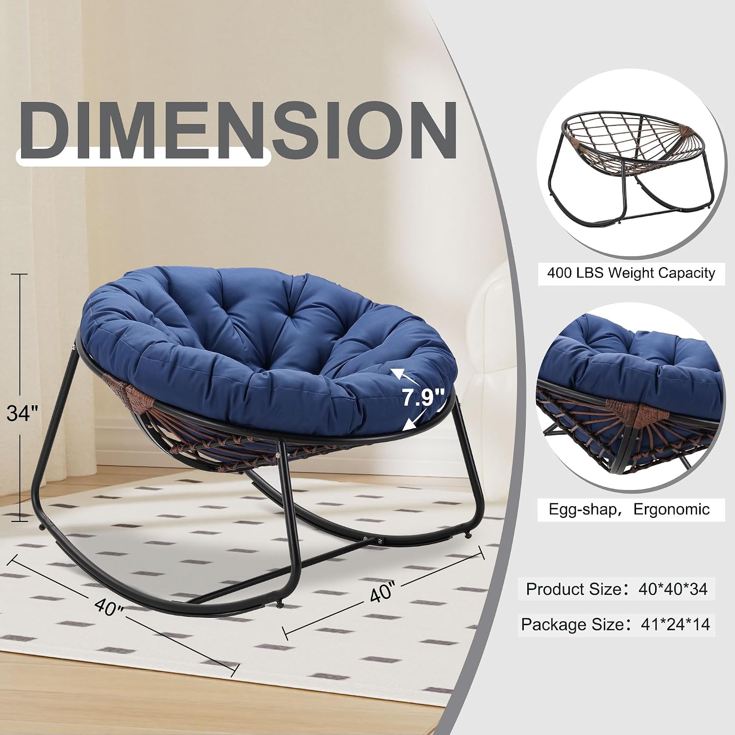 Outdoor Rocking Chair, Indoor & Outdoor Comfy Oversized Papasan Chair with Padded Cushion, Oversized Metal Frame Egg Chair for Living Room, Patio, Front Porch, Backyard