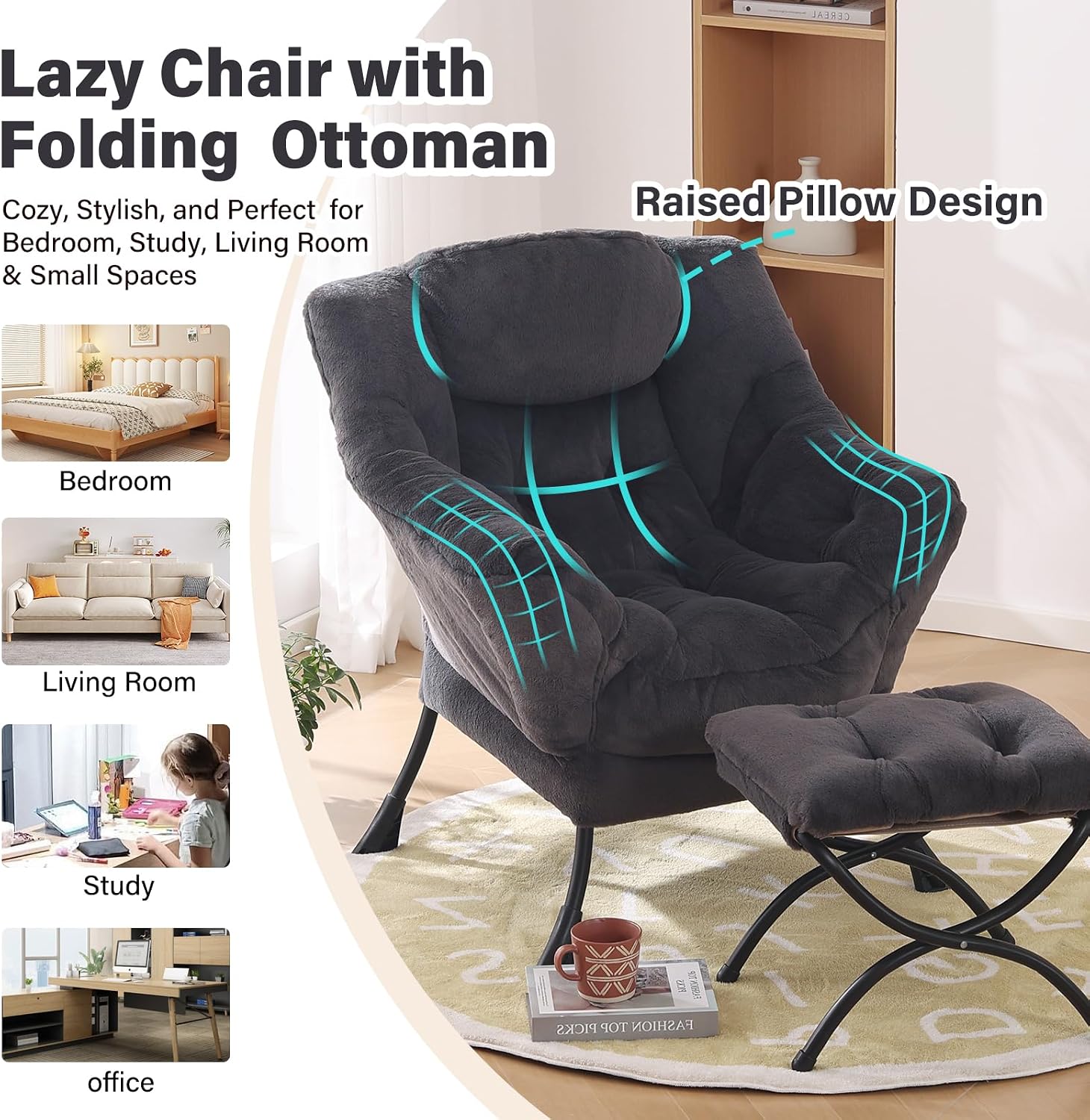 Furlide Lazy Chair with Ottoman, Modern Accent Chair with Armrests and a Side Pocket, Plush Navy Accent Chairs, Reading Chairs, Oversized Armchairs for Bedroom, Study, Living Room, Courtyard