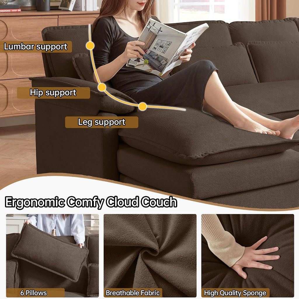 Comfy Cloud Couch Sectional Sofa with Lumbar Pillows, Modern U-Shaped Cloud Sofa with Double Chaise & Deep Seat 4 Seat Sectional Couch for Living Room, or Office, Easy Assembly, Dark Coffee