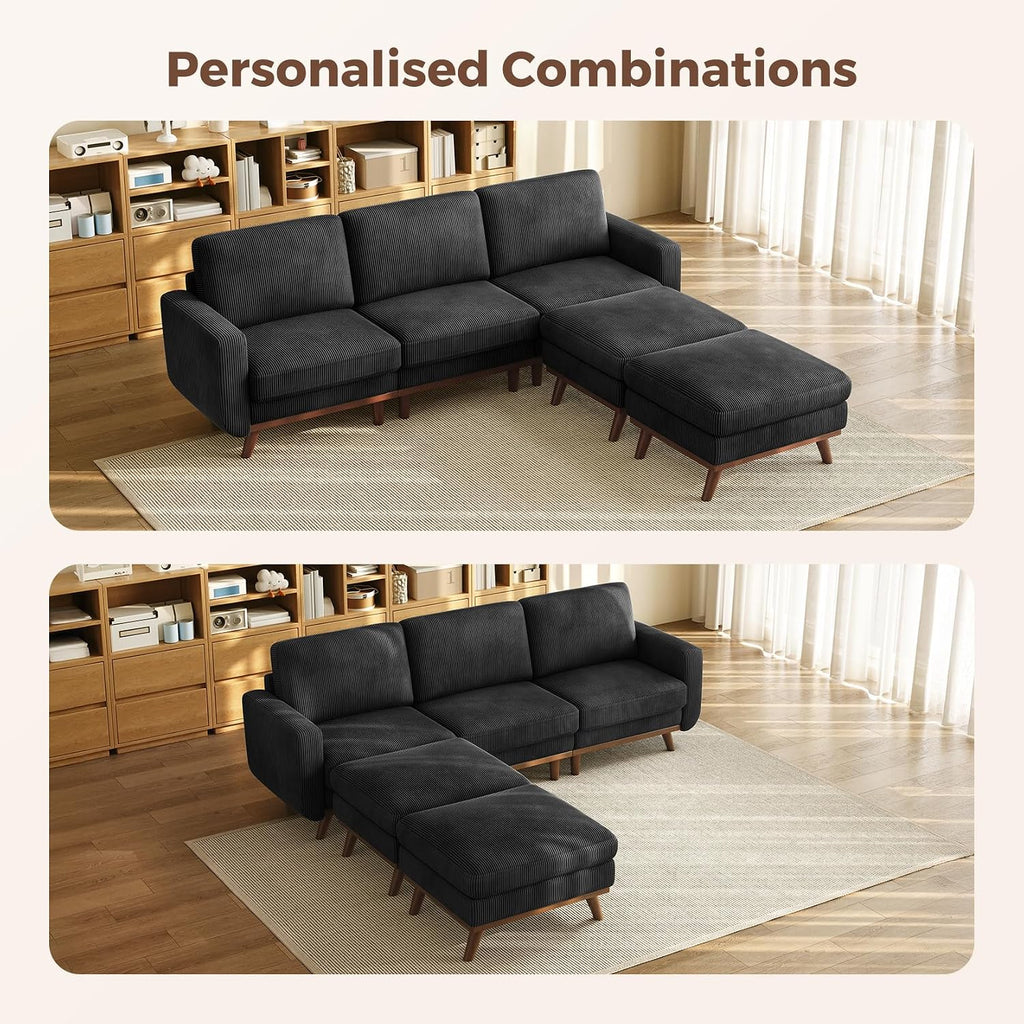 Vesgantti 97' Modular Sectional Sofa Black, U-Shaped Couch with Movable Ottoman, Comfy Corduroy Couch with Spring Cushion, Modular Sofa with Deep Seat for Living Room, Bedroom and Apartment