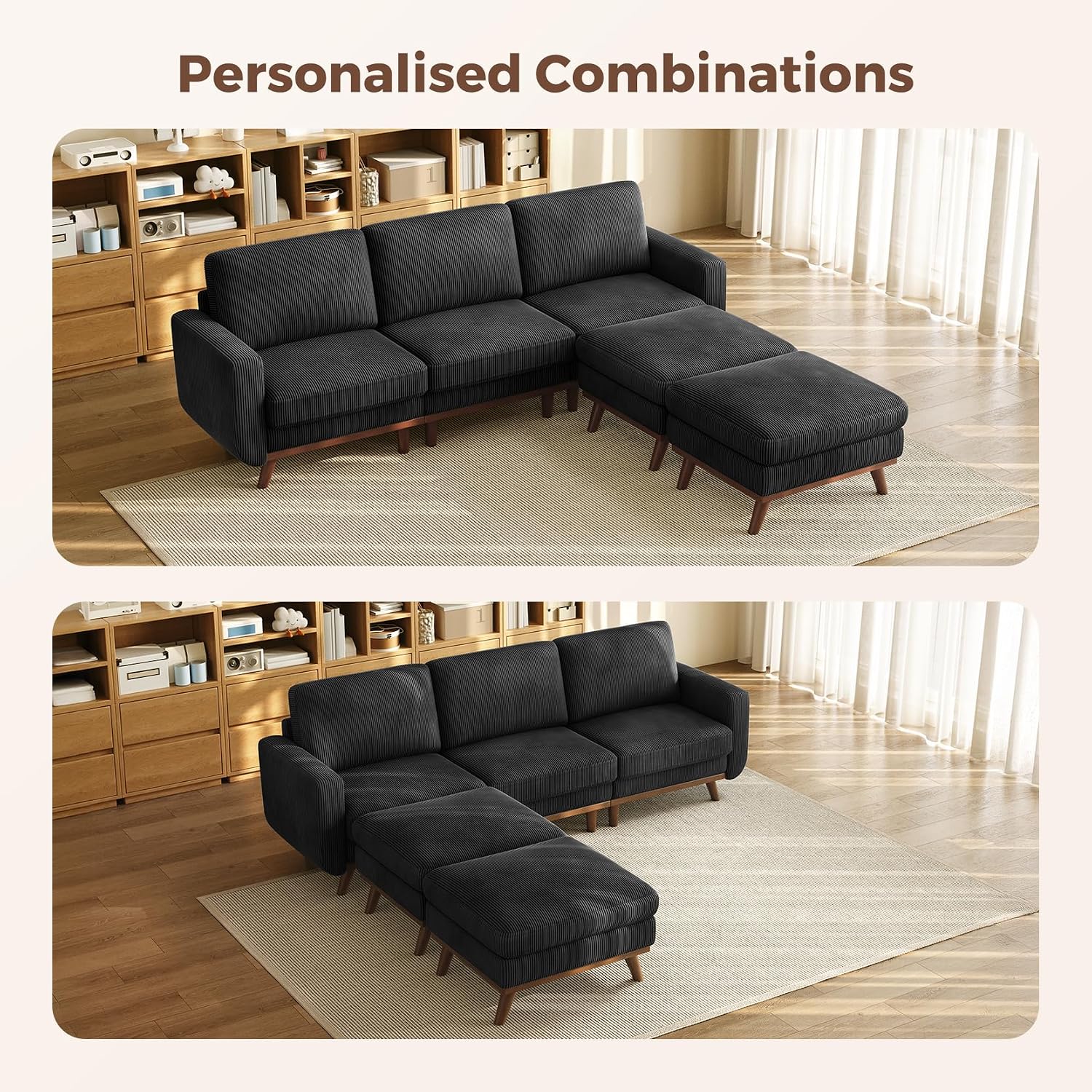 Vesgantti 97' Modular Sectional Sofa Black, U-Shaped Couch with Movable Ottoman, Comfy Corduroy Couch with Spring Cushion, Modular Sofa with Deep Seat for Living Room, Bedroom and Apartment