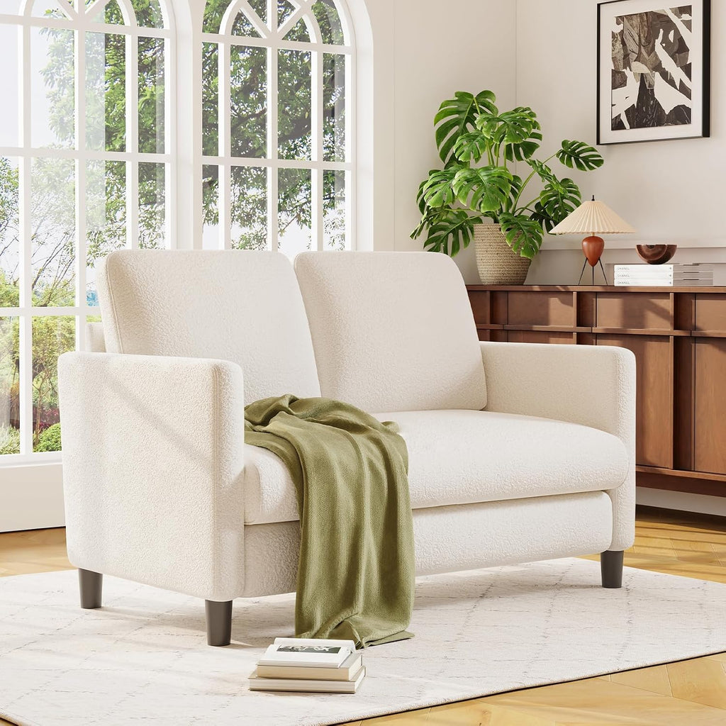Welzona Loveseat, 51' Small Couch, Comfy Teddy Love Seat for Living Room, Tool-Free Setup Loveseat Sofa for Small Spaces, All-Wood Small Sofa Couch for Bedroom, Beige