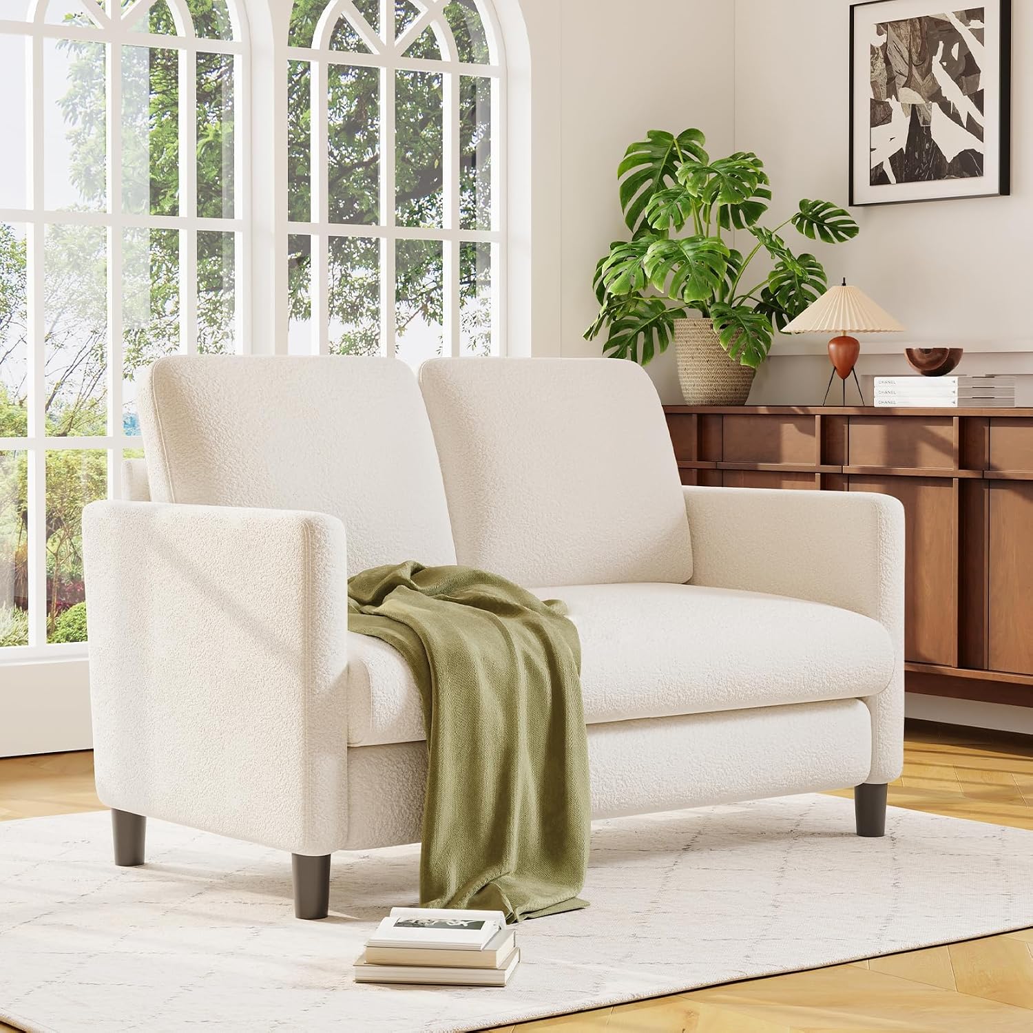 Welzona Loveseat, 51' Small Couch, Comfy Teddy Love Seat for Living Room, Tool-Free Setup Loveseat Sofa for Small Spaces, All-Wood Small Sofa Couch for Bedroom, Cream White