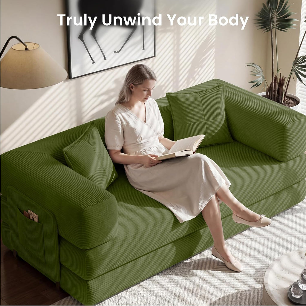 Convertible Floor Sofa Bed | 59'' Folding Futon Sofa with Storage Pocket, Oversized Corduroy Loveseat Sleeper Sofa with Pull Out Bed, Modular Sectional Sofa for Apartment | Green