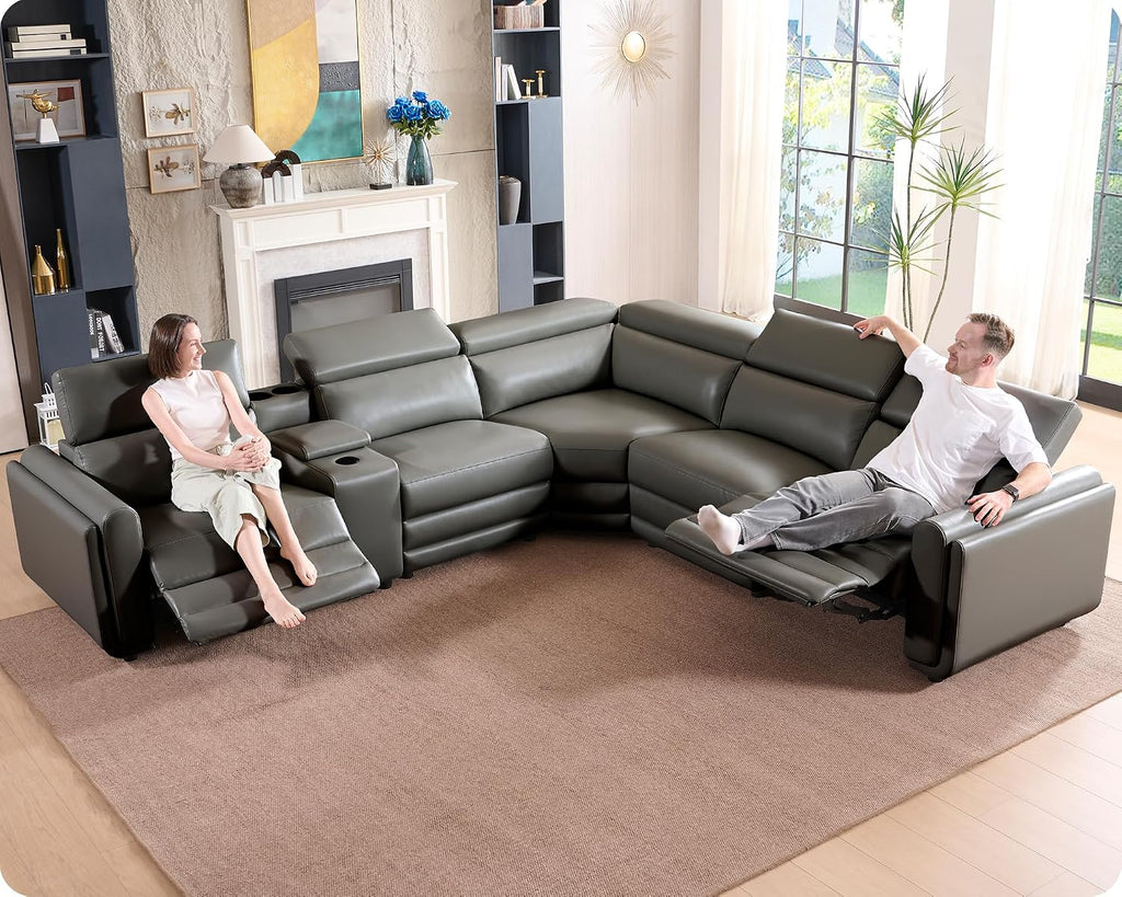 Amerlife Power Recliner Sectional Sofa, Reclining Sofa with Storage/USB Port, Leather Recliner Sofa with Adjustable Headrest, 5 Seats Reclining Sectional Couches with Console and Cup Holder, Dark Grey